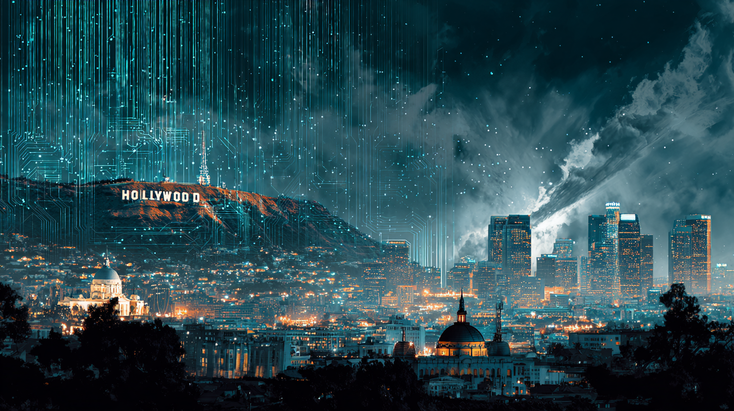 Hollywood AI - Futuristic Hollywood cityscape with AI digital overlay