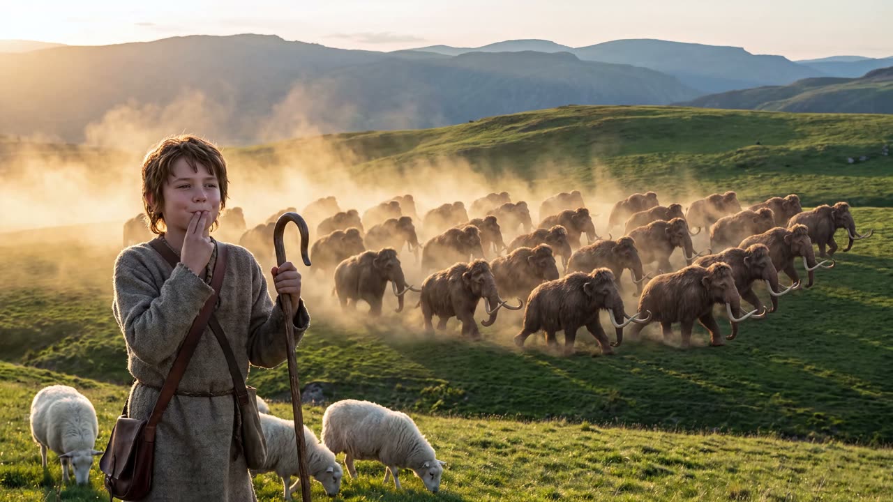 Scene 6 of the homepage hero: a shepherd boy and a mammoth herd on a hillside.