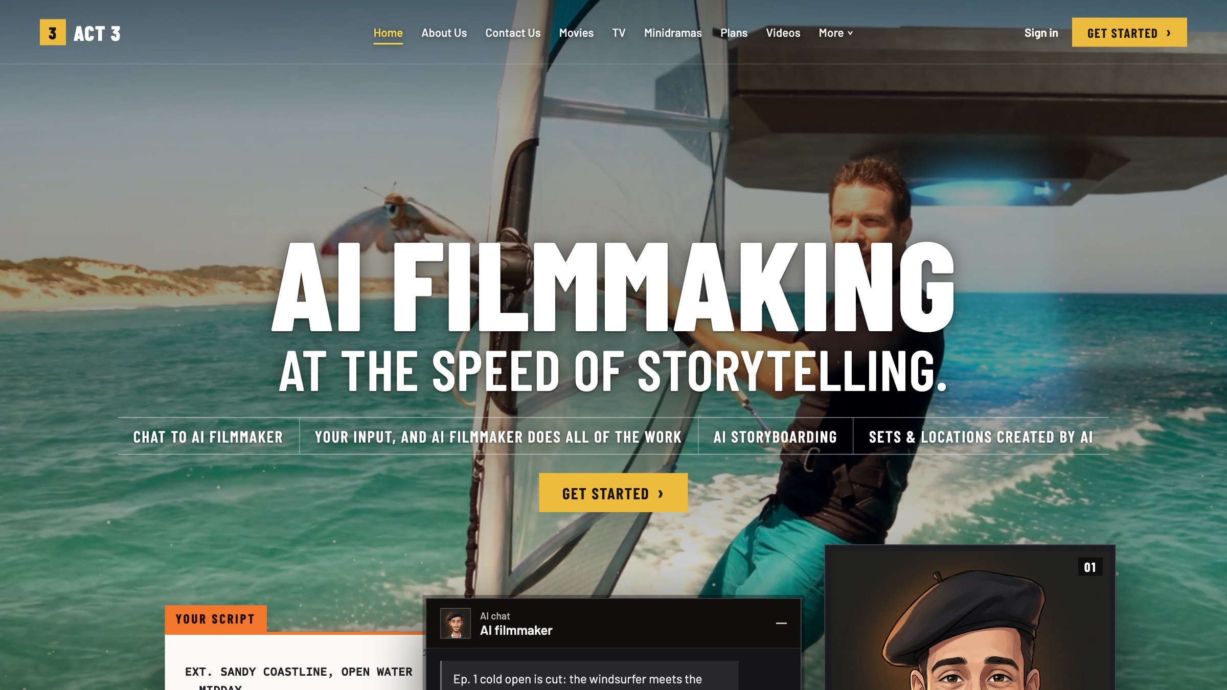 The act3ai.com homepage: the AI Filmmaking headline, Sign in and Get Started at the top right, and a second Get Started button under the headline.