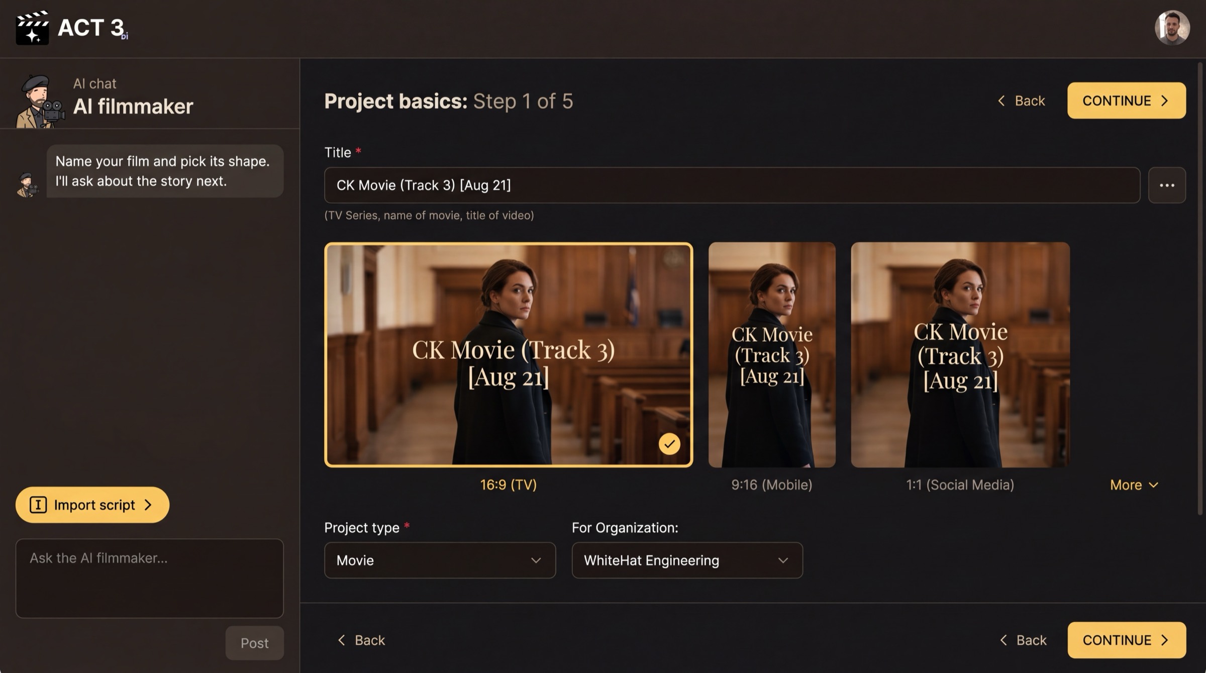 The first page of the New Project wizard: the AI filmmaker chat on the left saying Name your film and pick its shape; on the right a Title field, three frame-shape cards (16:9 TV selected, 9:16 Mobile, 1:1 Social Media) with More, the For Organization dropdown, and yellow CONTINUE buttons at the top and bottom.