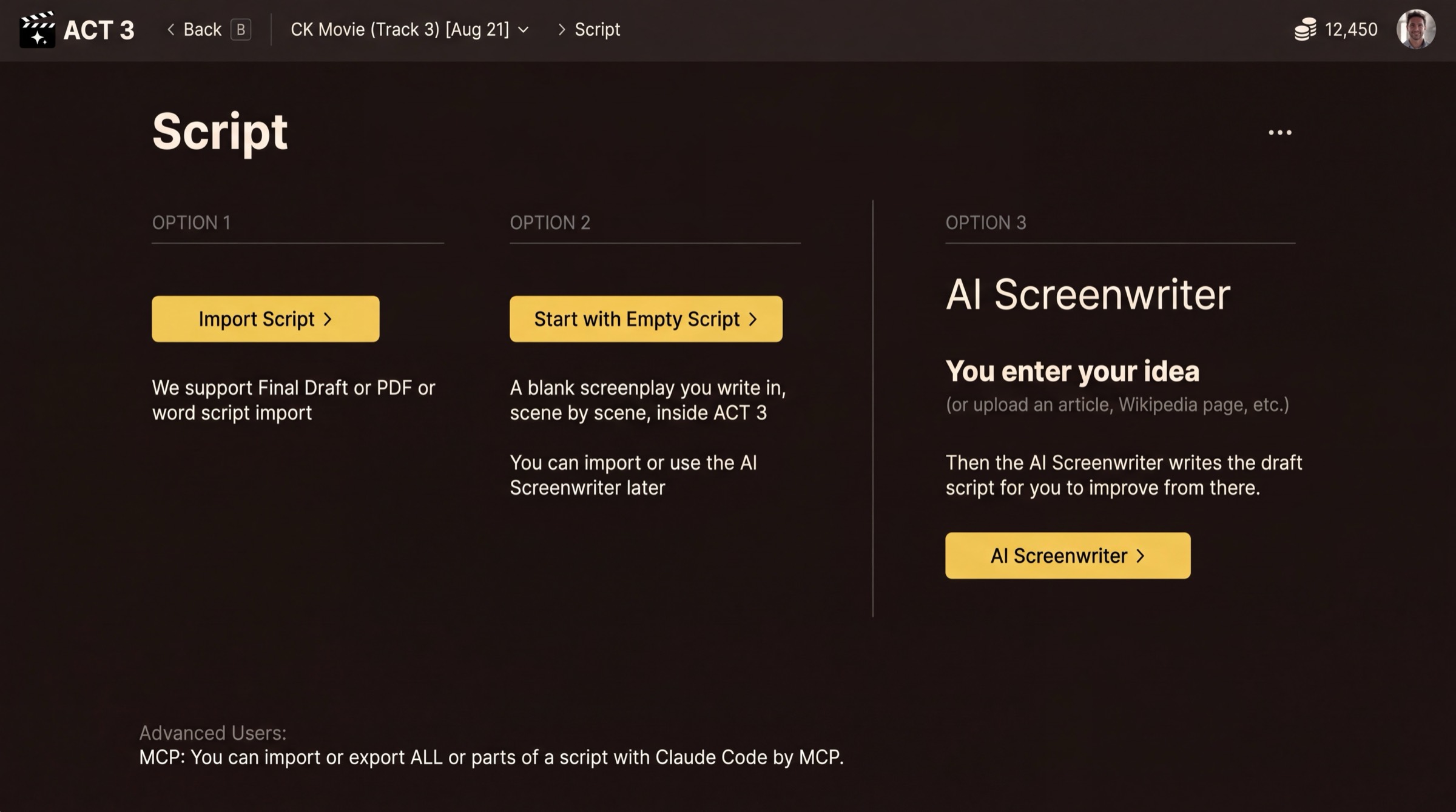 The Script page of the New Project wizard with three options: Option 1 Import Script, Option 2 Start with Empty Script, and Option 3 AI Screenwriter.