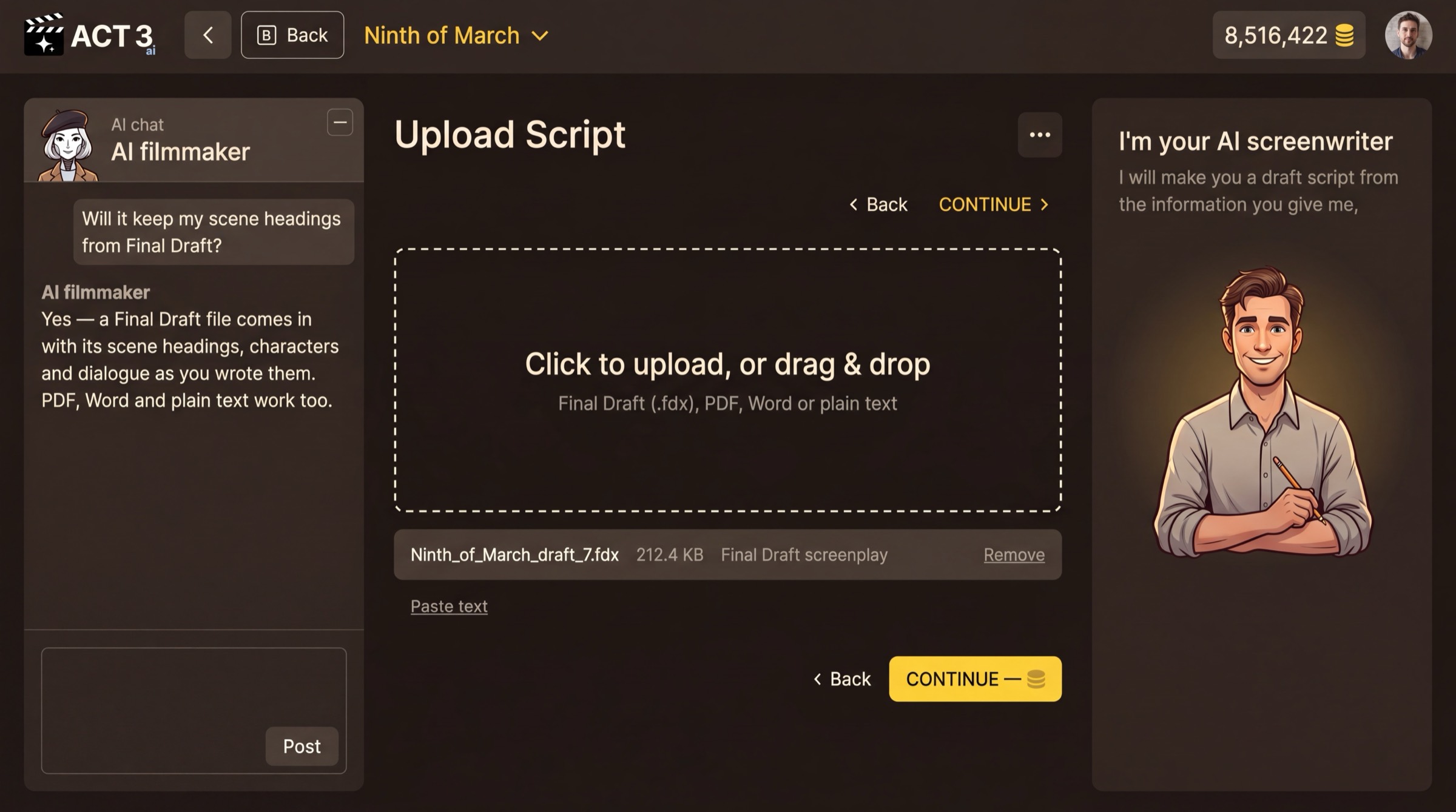The Upload Script page: a dashed drop box reading Click to upload, or drag and drop; the uploaded file Ninth_of_March_draft_7.fdx listed under it with Remove; Paste text; and the CONTINUE button with its credit price.