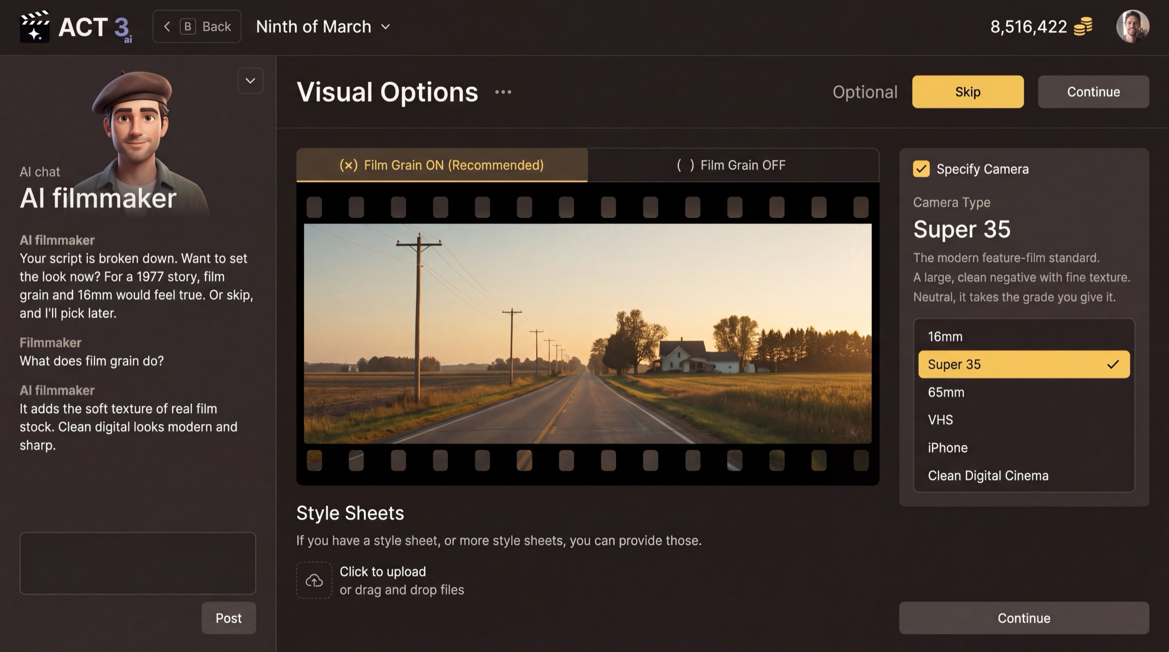 The Visual Options page: Film Grain ON (Recommended) or OFF over a film-strip preview of a country road at sunset, a Camera Type list with Super 35 selected, Style Sheets upload, and Skip and Continue buttons.