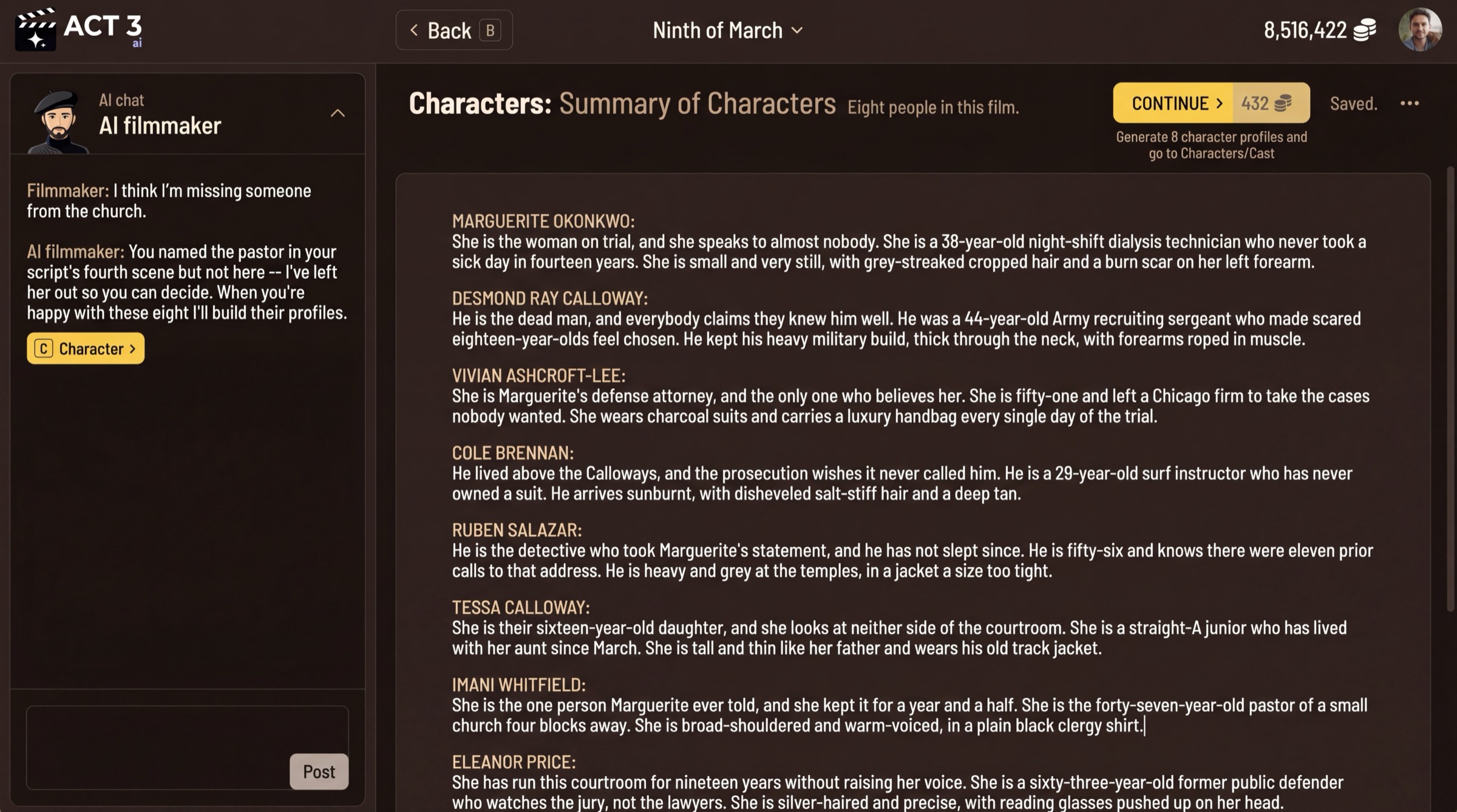 Characters: Summary of Characters, one paragraph per person in the film, with the priced CONTINUE button top right that generates the character profiles.