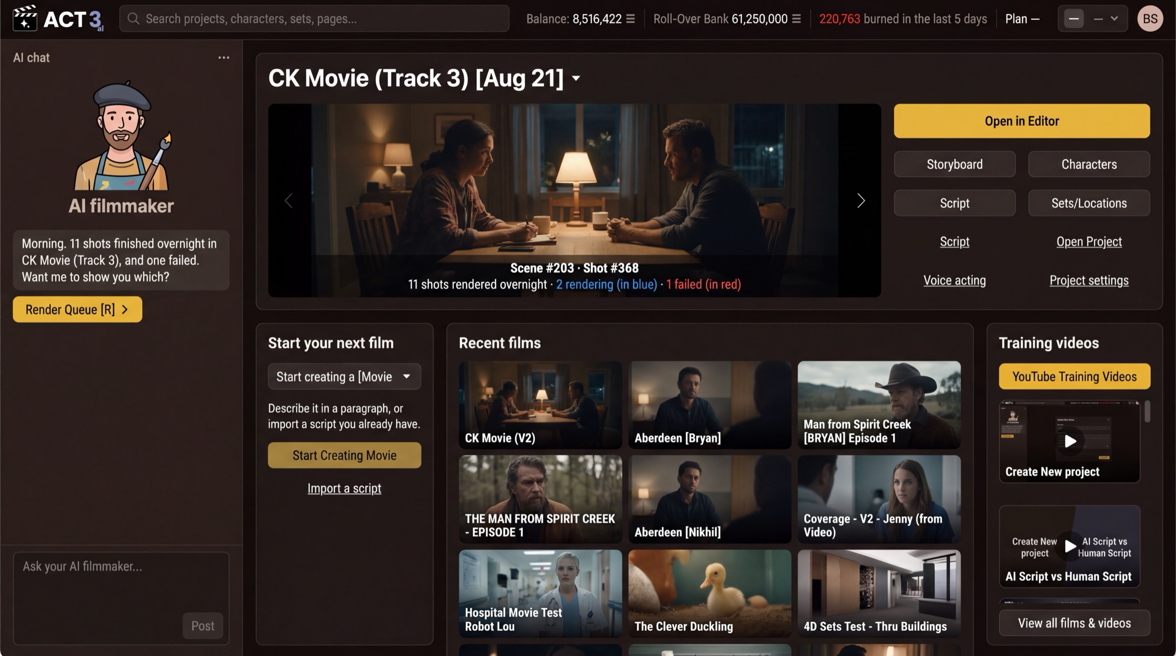 The ACT 3 AI Home page: the AI filmmaker chat on the left, the selected movie at the top, and below it the Start your next film panel with a type menu, the Start Creating Movie button and an Import a script link.