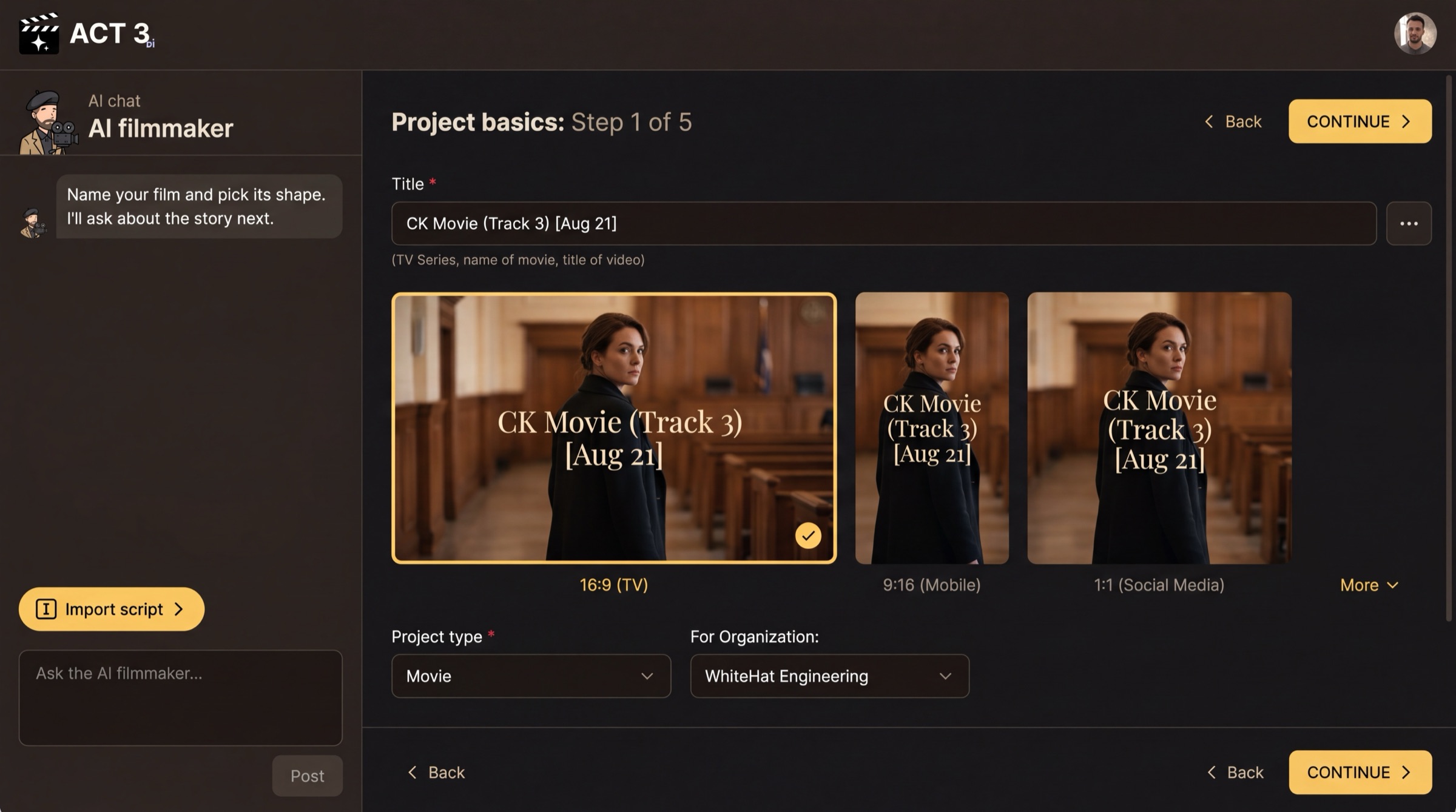 The first page of the New Project wizard: a Title field, three frame shapes (16:9 TV selected, 9:16 Mobile, 1:1 Social Media), Project type and For Organization menus, and yellow CONTINUE buttons at the top and bottom right.