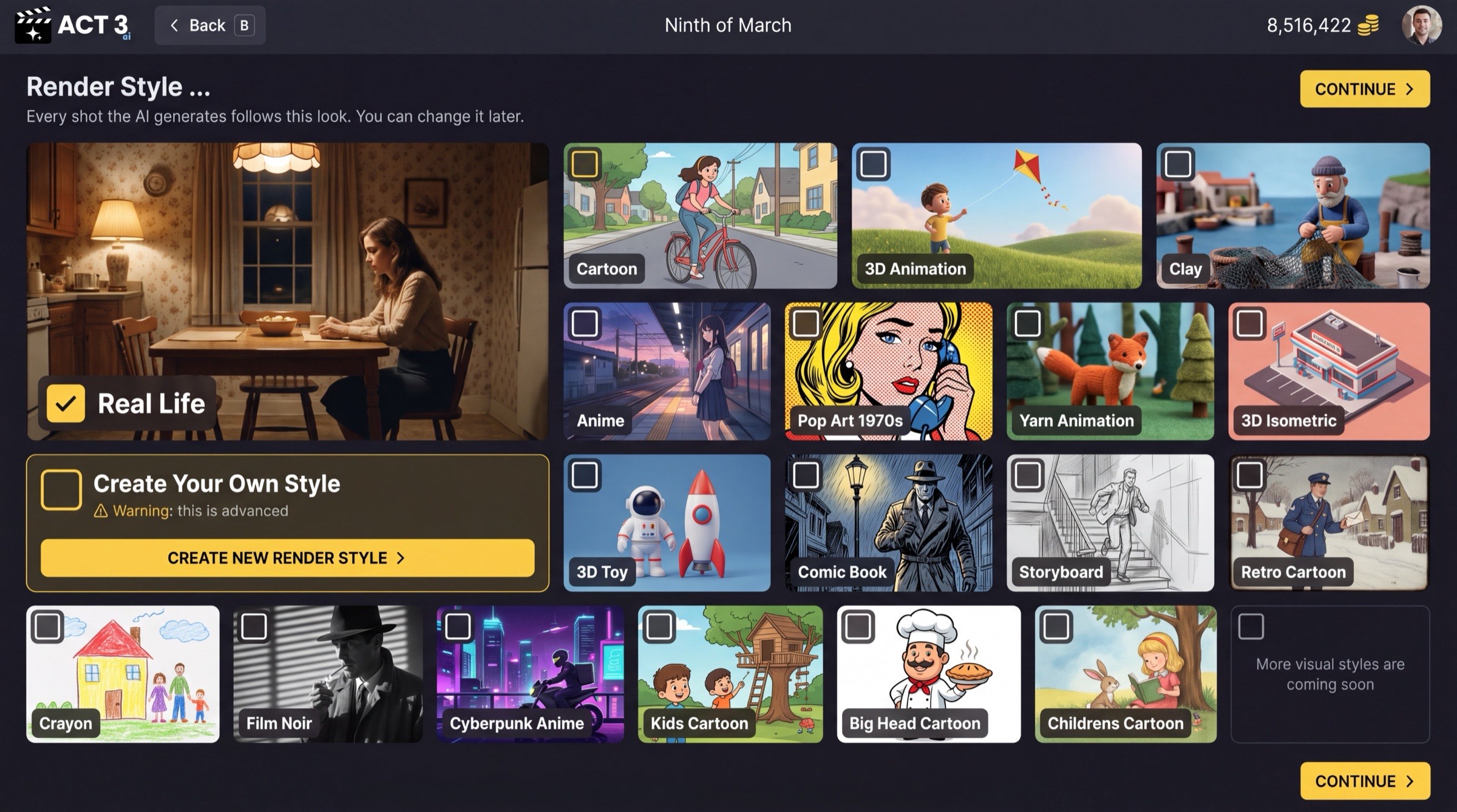 The Render Style page: a large Real Life card selected, a Create Your Own Style box, and a grid of style cards such as Cartoon, 3D Animation, Clay, Anime, Pop Art 1970s, Comic Book, Storyboard and Film Noir, with CONTINUE buttons at the top and bottom right.