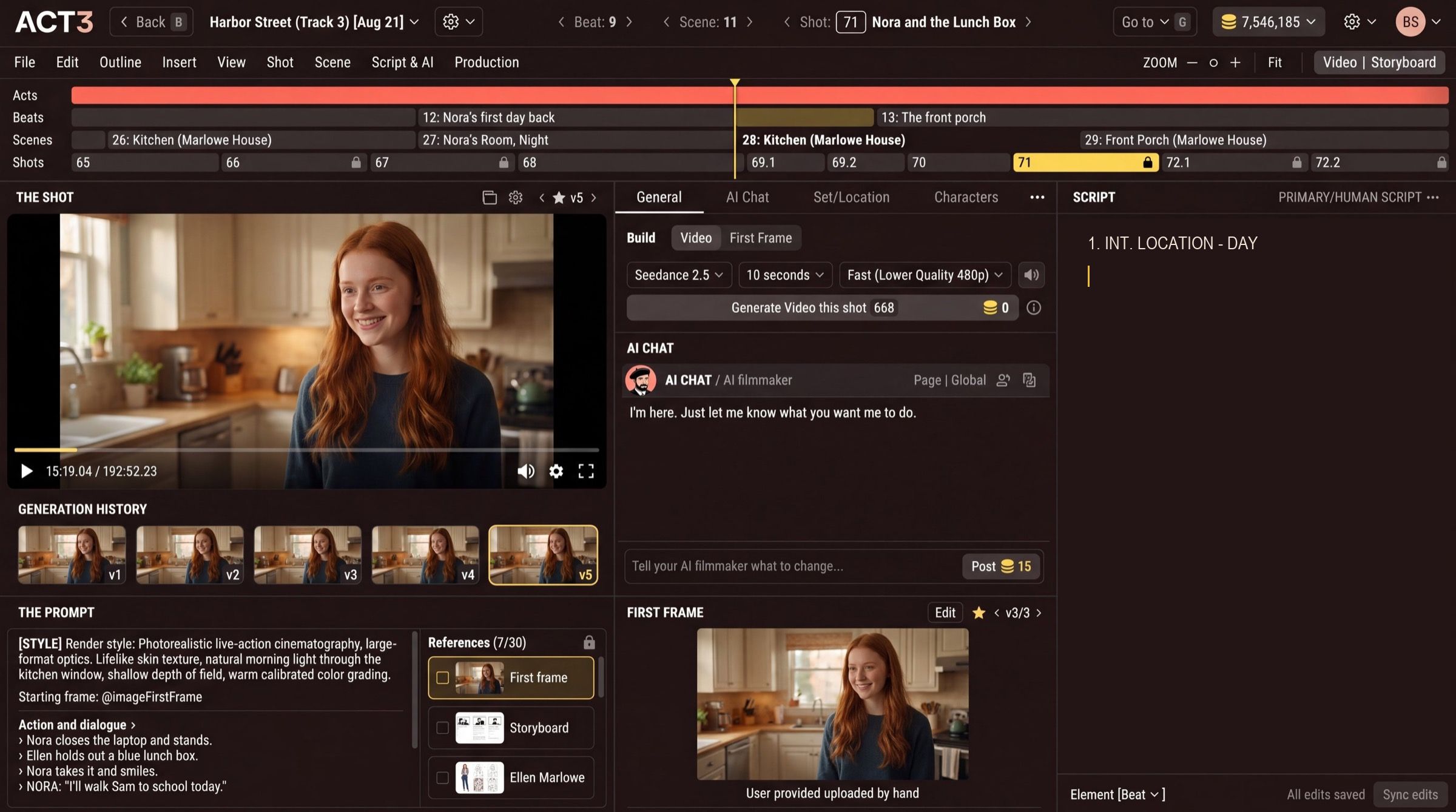 The ACT 3 AI Editor: the timeline of Acts, Beats, Scenes and Shots across the top, THE SHOT player and THE PROMPT on the left, the build controls and AI CHAT in the middle, and on the right a SCRIPT pane that holds only the scene heading 1. INT. LOCATION - DAY.