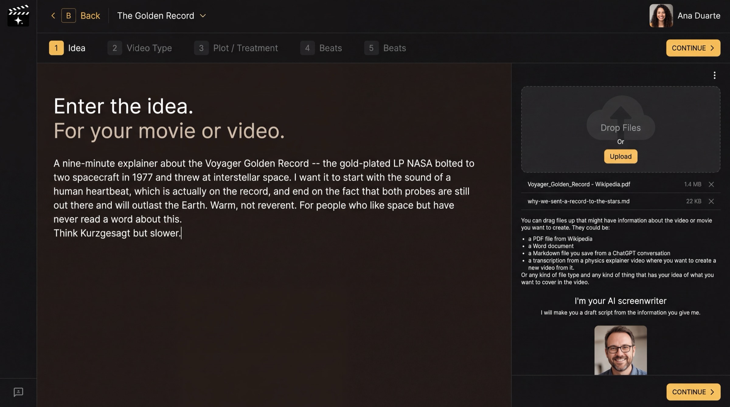 The Idea page: a large text box holding the typed idea on the left, a Drop Files zone with two attached files on the right, and CONTINUE buttons.