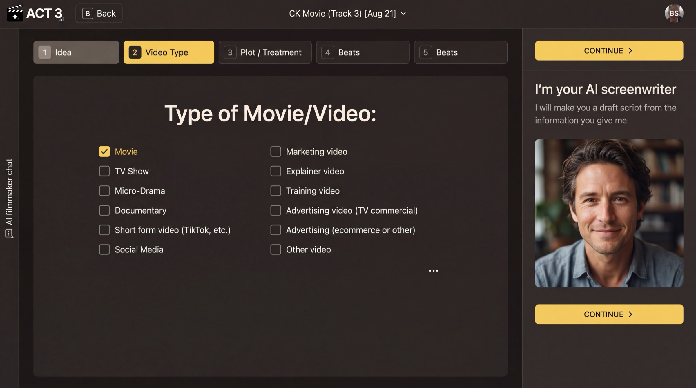 The Video Type page: Type of Movie/Video with Movie ticked among TV Show, Micro-Drama, Documentary, Explainer video and other types, and CONTINUE buttons on the right.