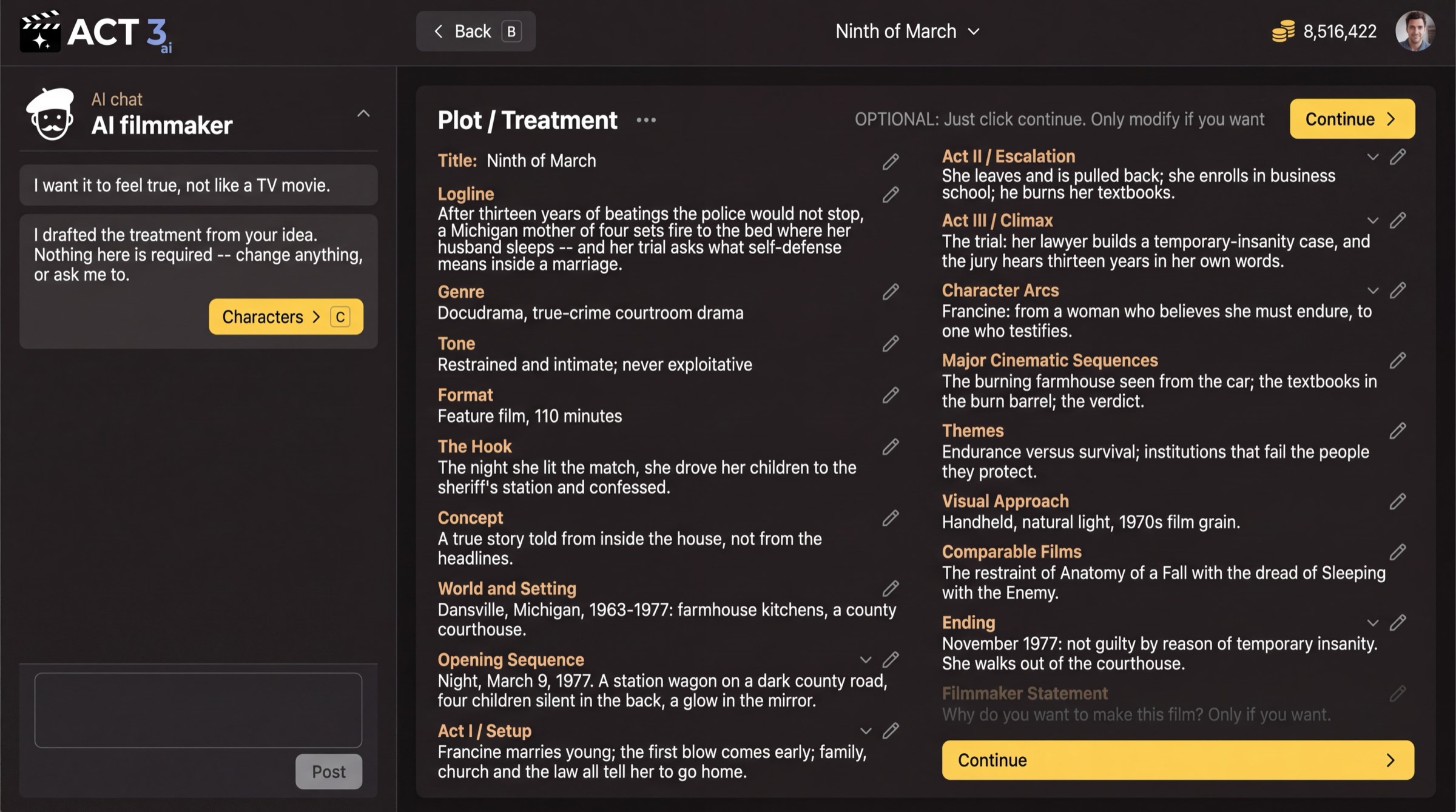The Plot / Treatment page: Title, Logline, Genre, Tone, Format, The Hook, Concept, World and Setting, and the acts, each with a pencil to edit, and a yellow Continue button at the top right.