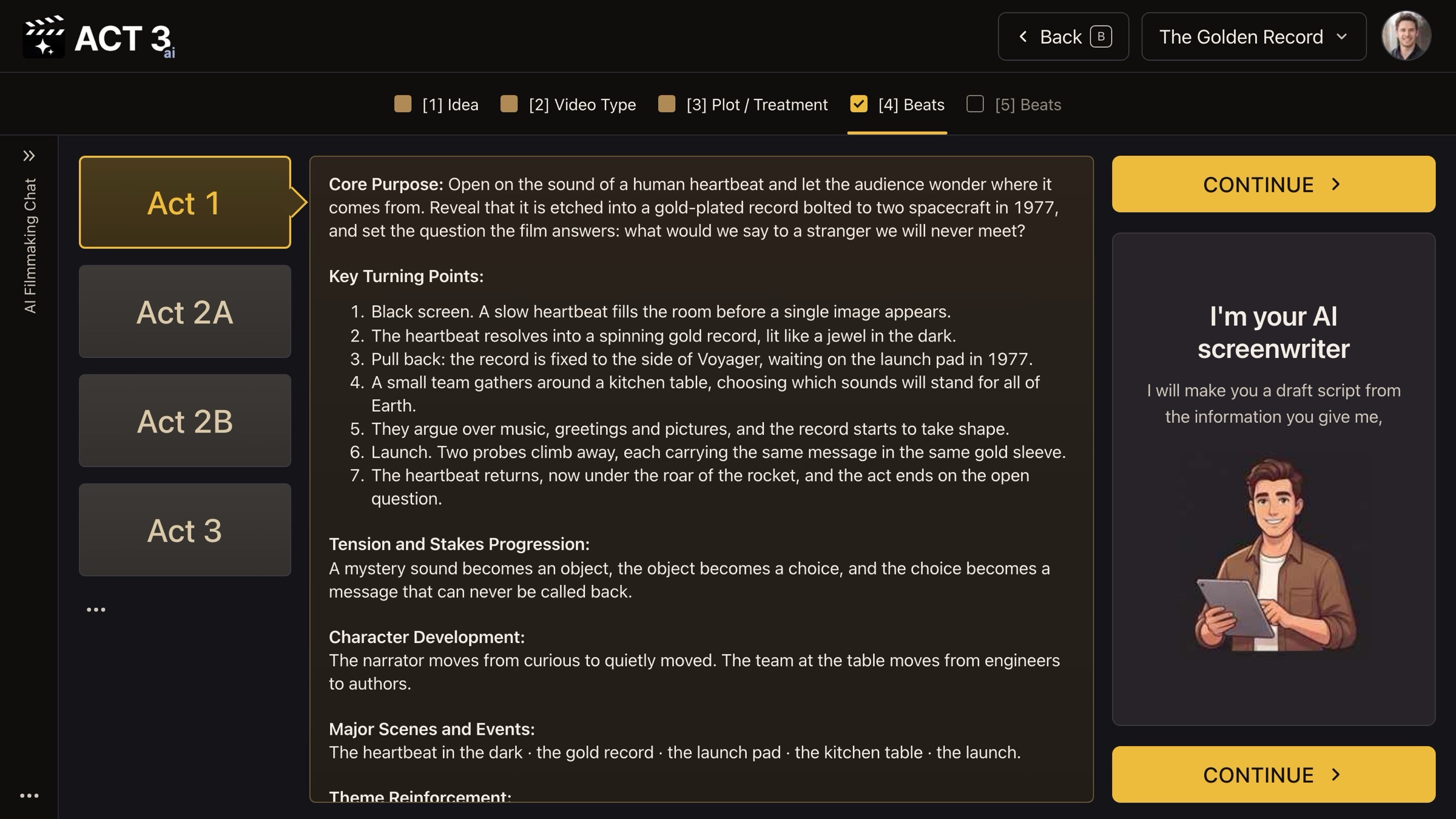 The Acts page: Act 1, Act 2A, Act 2B and Act 3 tabs on the left, Act 1's Core Purpose and Key Turning Points in the middle, and CONTINUE buttons on the right.