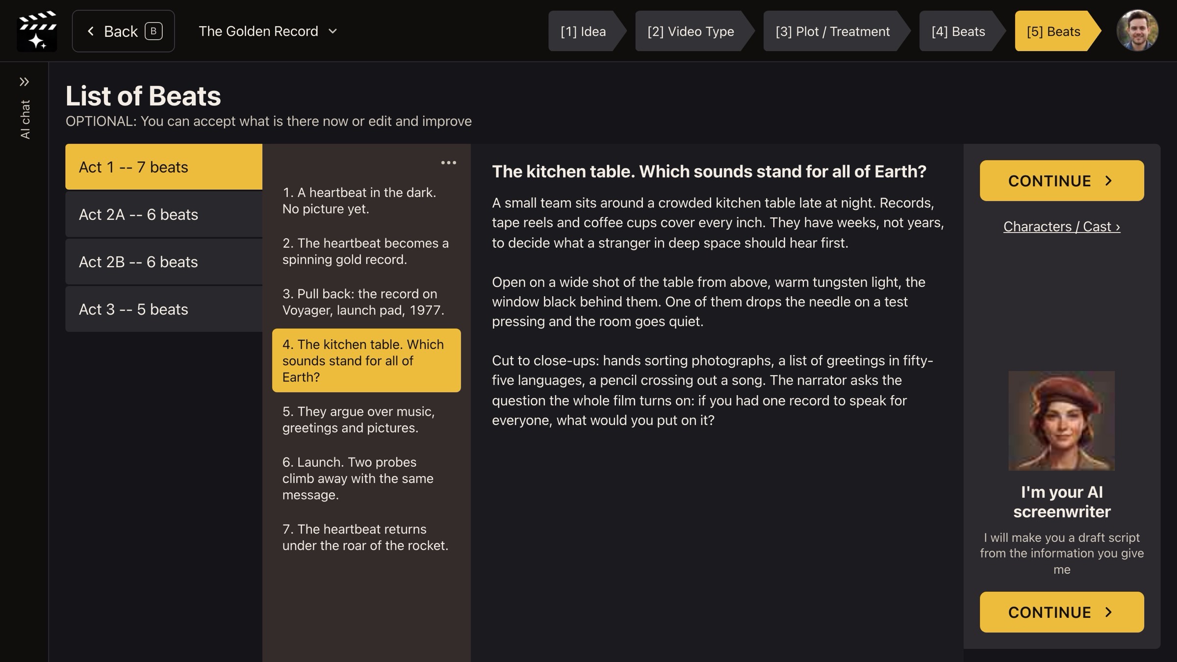 The List of Beats page: acts with their beat counts on the left, Act 1's numbered beats in the middle with beat 4 selected, the beat's write-up beside it, and CONTINUE buttons on the right.