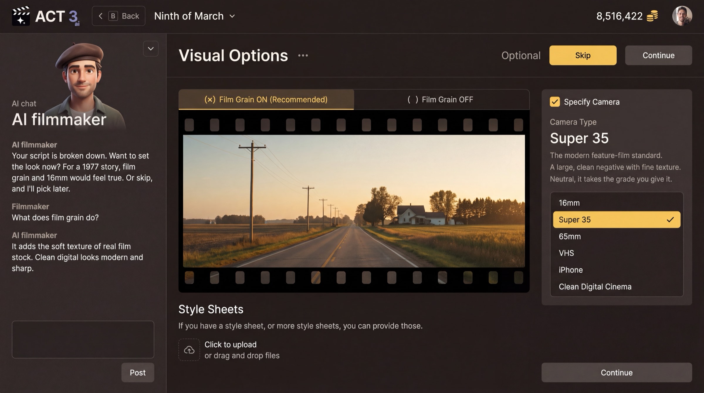 Visual Options in the New Project wizard: Film Grain on or off, the camera type list with Super 35 selected, Style Sheets upload, and Skip and Continue buttons at the top right.