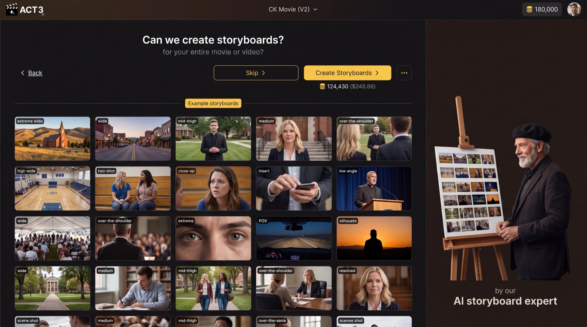 The New Project wizard page titled Can we create storyboards? with Skip and Create Storyboards buttons, the coin price under Create, a wall of example storyboards labeled by shot size, and the AI storyboard expert at his easel