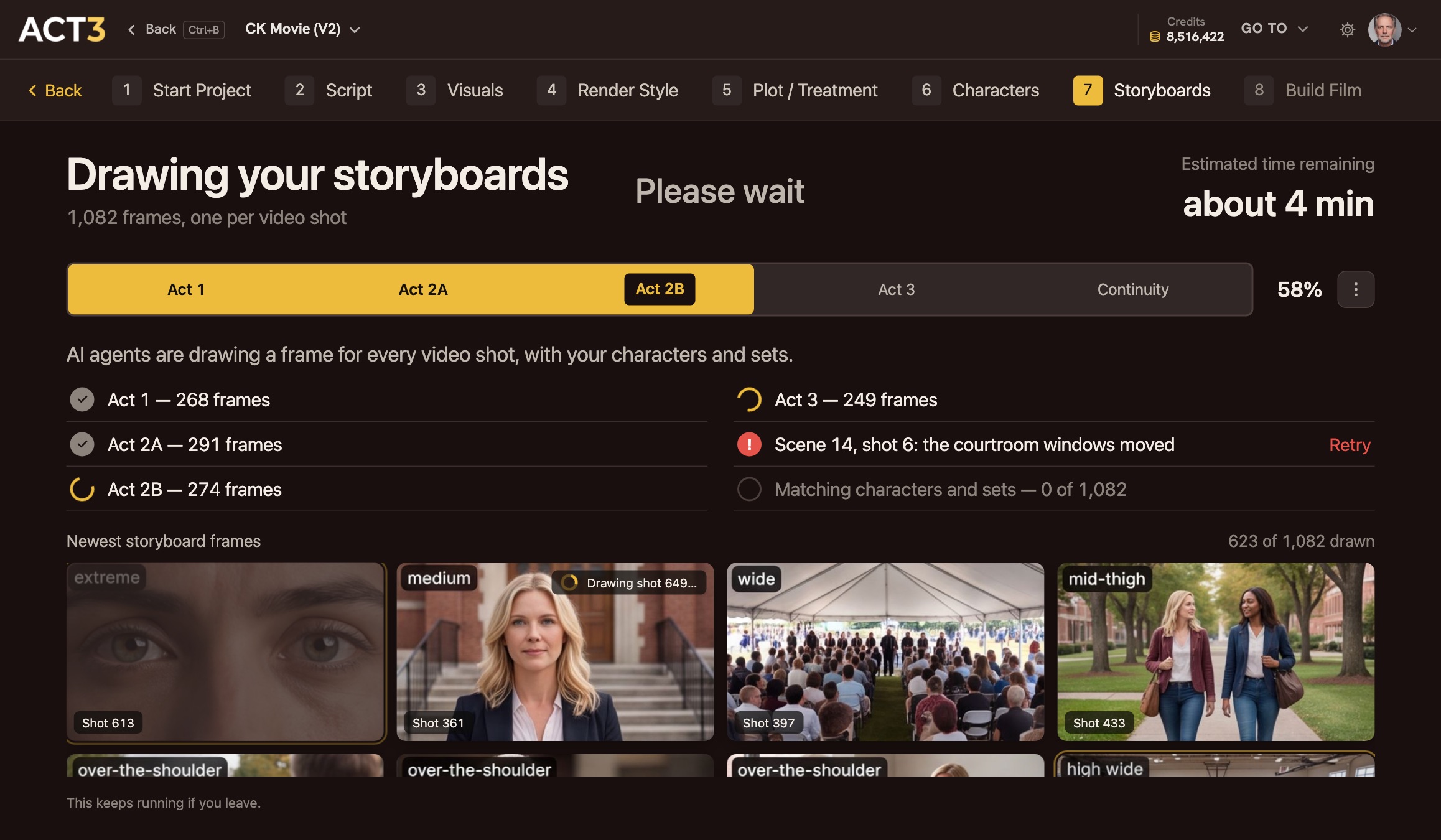 The Drawing your storyboards progress page: wizard tabs with Storyboards lit, act tabs from Act 1 to Continuity at 58 percent, work rows per act with one Retry, and a wall of the newest storyboard frames labeled by shot size and shot number