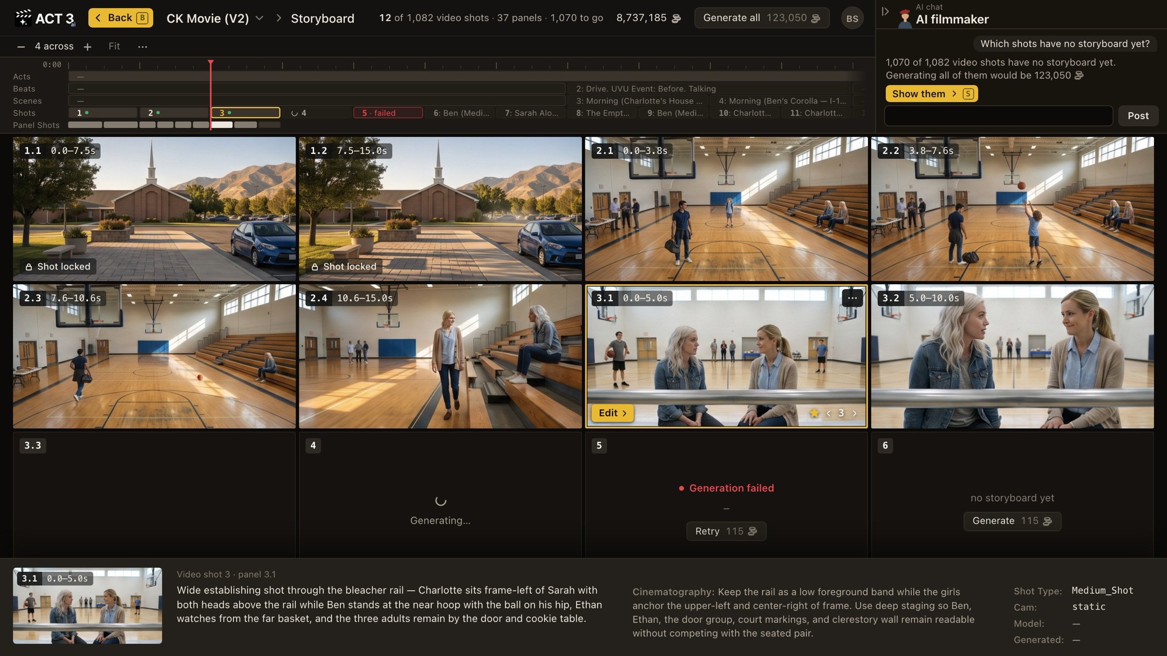 The Storyboard page: the timeline with Acts, Beats, Scenes, Shots and Panel Shots on top, a wall of storyboard tiles tagged 1.1, 1.2, 2.1 and onward, tile 3.1 selected with a yellow frame, Edit and a version stepper, tiles that are generating, failed or not built yet, and a strip at the bottom describing the selected panel