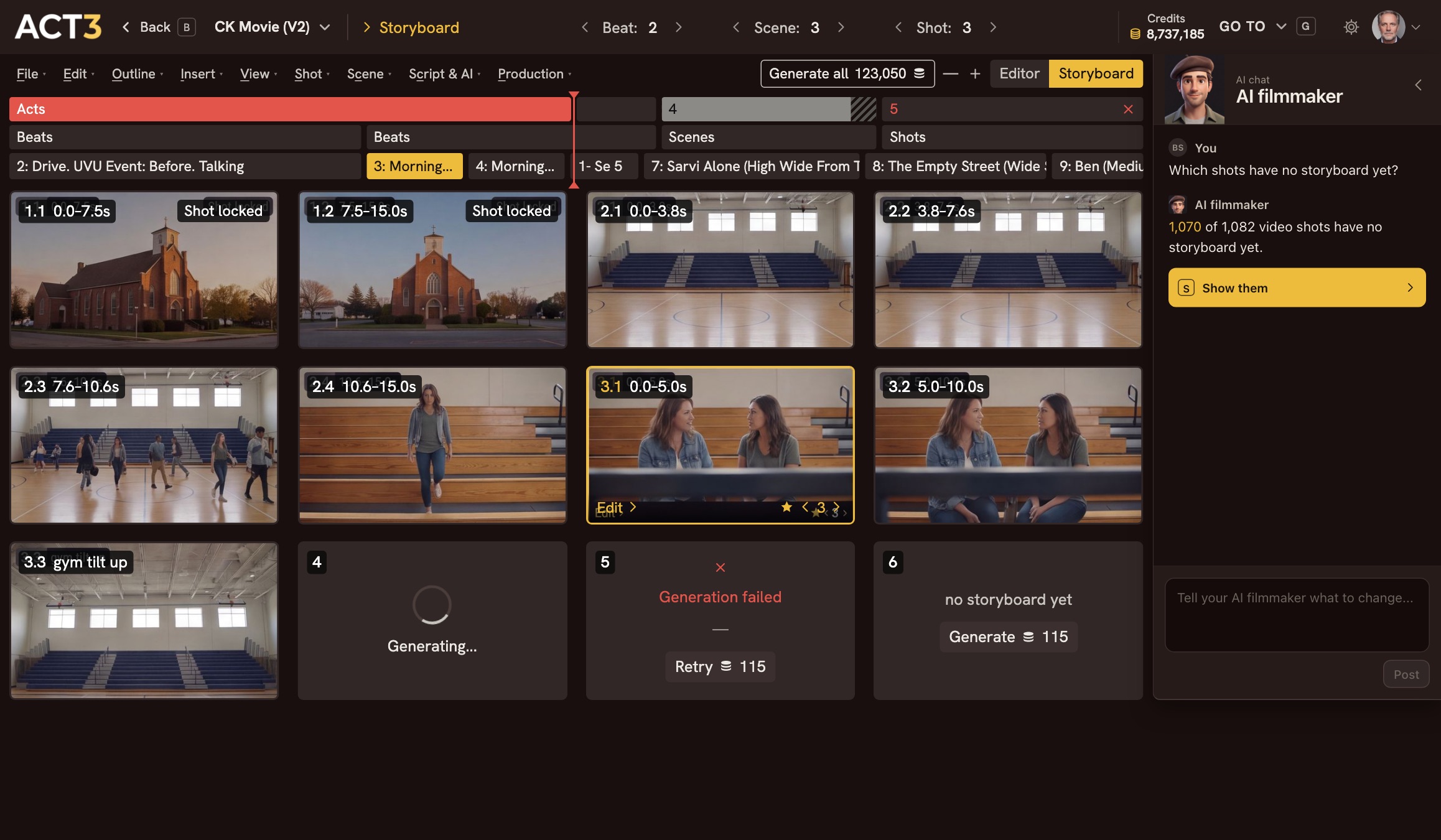 The Storyboard page with tile 3.1 selected, showing Edit, a star and a version stepper at version 3; the top bar holds Generate all and the Editor and Storyboard switch; the AI filmmaker chat is on the right
