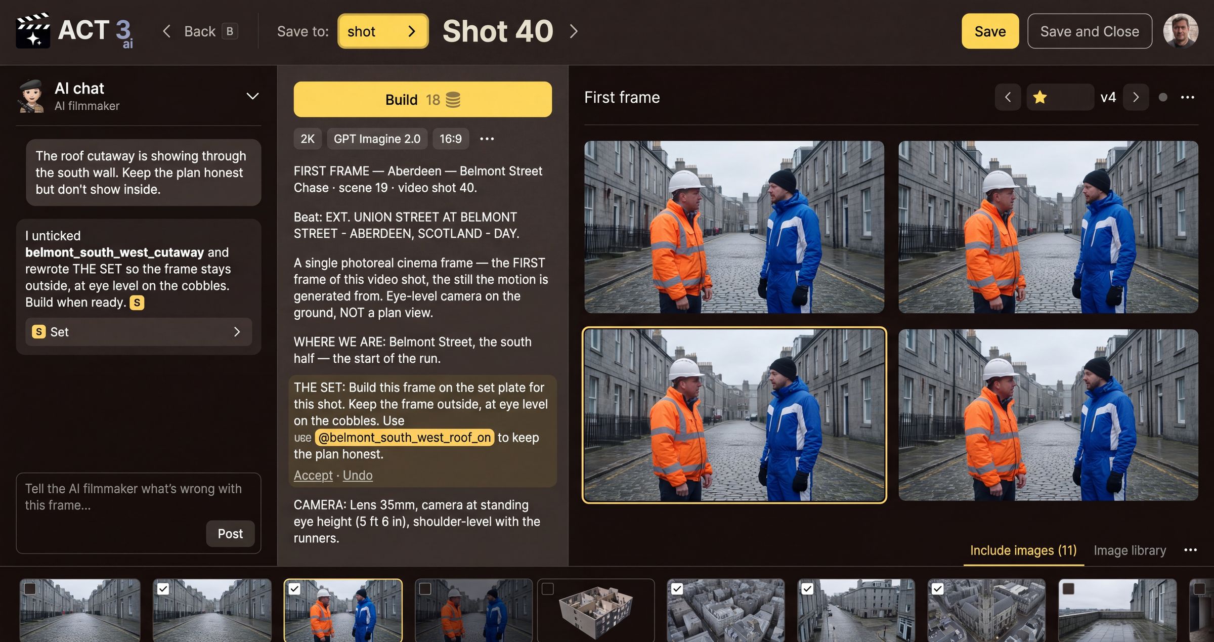The ACT 3 AI Image Builder for the first frame of Shot 40: Save to: shot, Shot 40 in the top bar; the AI chat on the left; the prompt with the Build button; four takes on the right; the reference images along the bottom.