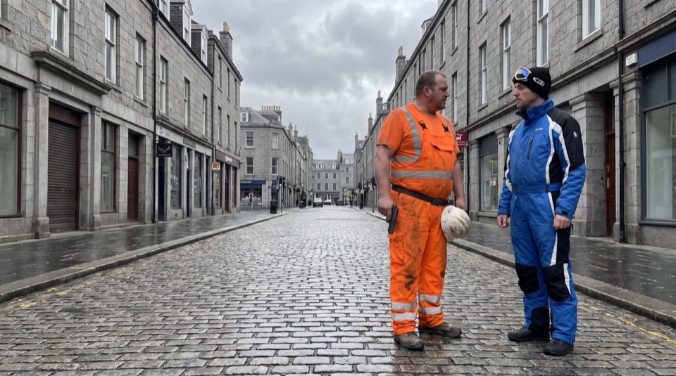 A first frame: a man in orange hi-vis overalls and a man in a blue snowsuit face each other on a wet cobbled street in Aberdeen.