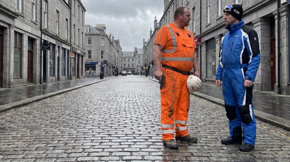 A low, wide frame of the two men on the cobbled street.