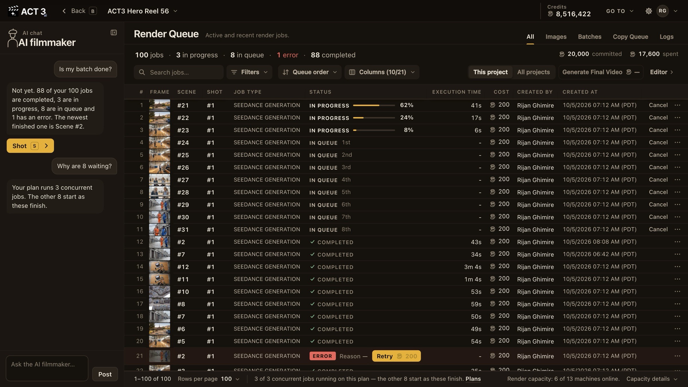 The Render Queue: 100 jobs, 3 in progress with progress bars, 8 in queue, 1 error with a Retry button, 88 completed, and the Editor button at top right.