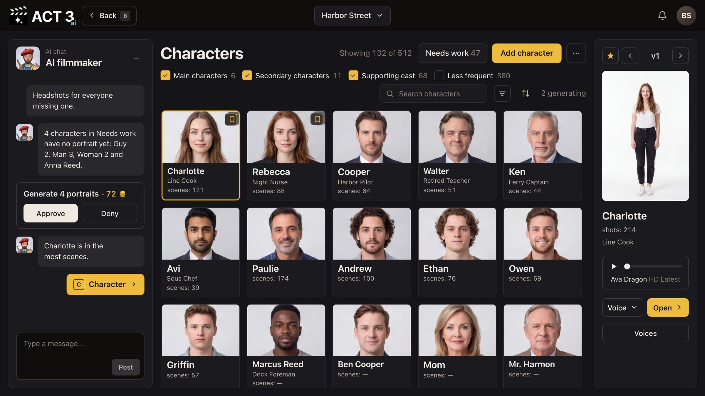 The Characters page. The pointer double-clicks Cooper, a harbor pilot, and his character page opens: a five-view character sheet with a headshot on the left and full-body front, back, left and right views, the Edit in Image Builder button above it, and his wardrobe below.