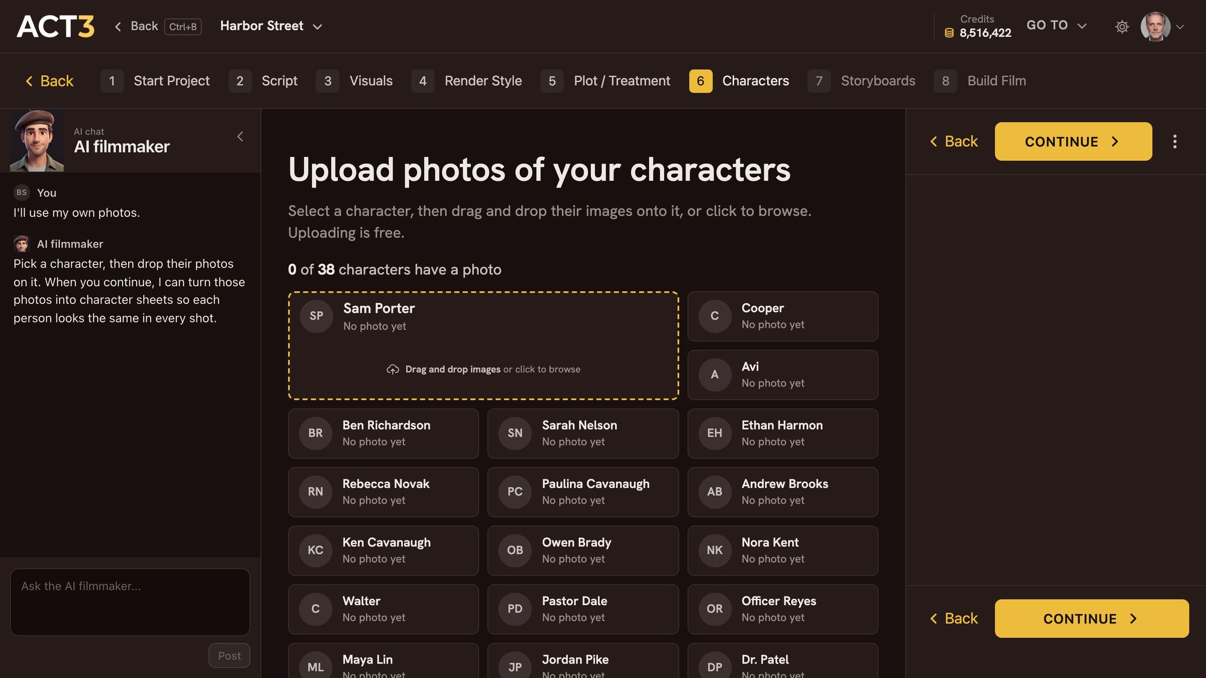 The page Upload photos of your characters. Sam Porter is selected inside a dashed yellow box that reads Drag and drop images or click to browse. A headshot is dropped on it: Sam Porter now shows 1 photo, a toast says 1 photo added, and the right bar previews sam_porter_headshot.jpg above the Continue button.