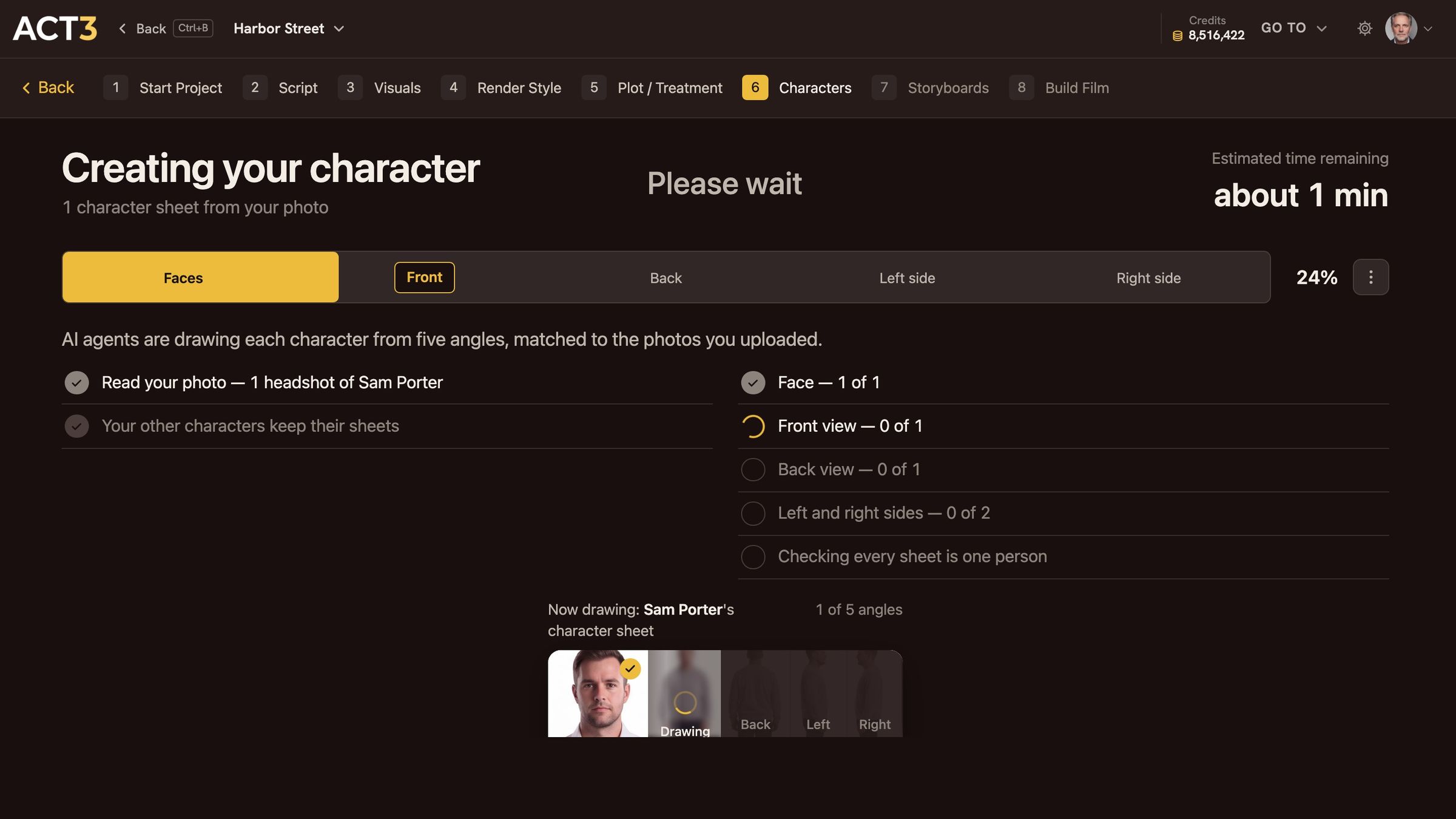 The page Creating your character: 1 character sheet from your photo, about 1 min remaining. A bar of five stages, Faces, Front, Back, Left side and Right side, a checklist, and a strip at the bottom drawing Sam Porter's character sheet one angle at a time. When it finishes, Sam Porter's character page opens with the finished sheet.