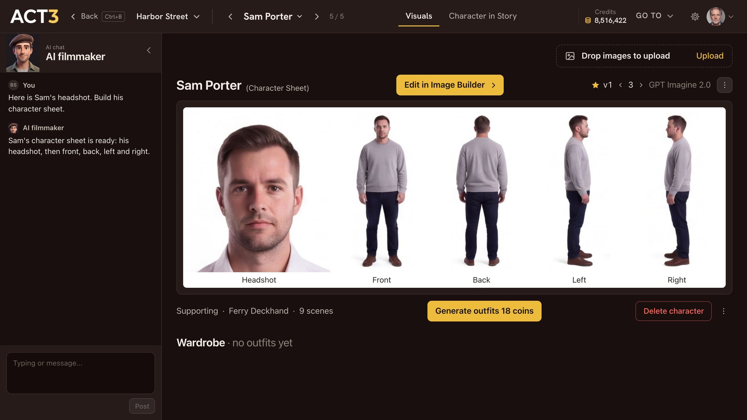 Sam Porter's character page. The pointer clicks Edit in Image Builder and the Image Builder opens: the AI filmmaker chat on the left, the prompt for the image model in the middle, and on the right the input images, the Build Character Sheet button, Save, Save and Close, and the current character sheet.
