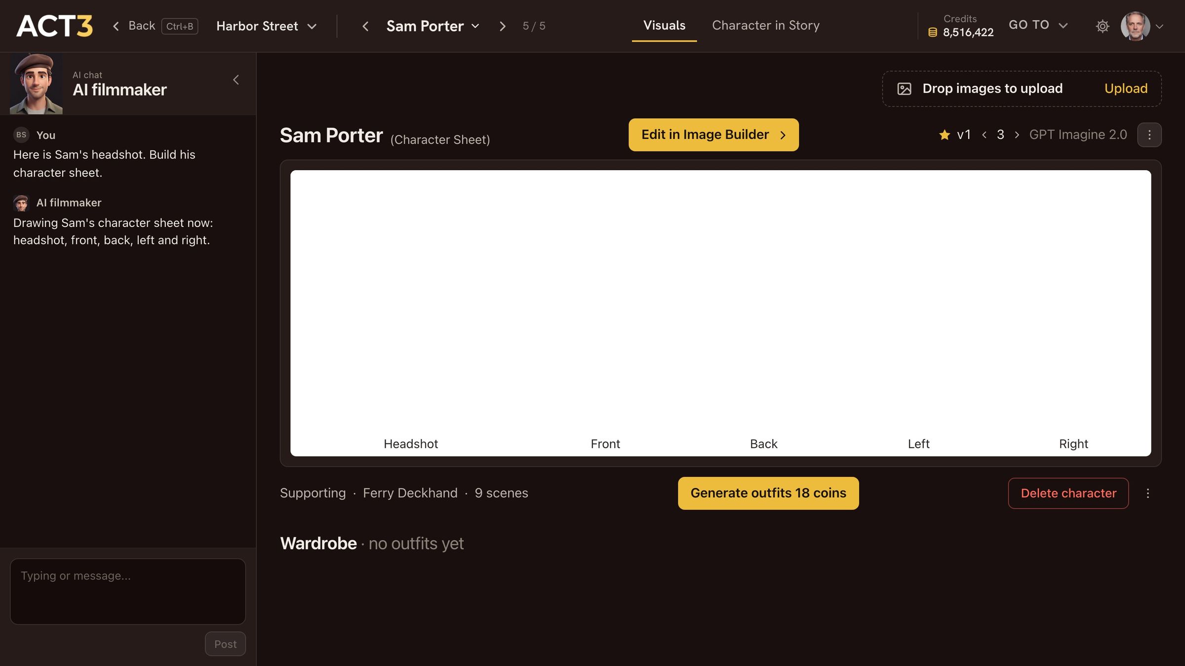 Sam Porter's character page. The character sheet fills in one panel at a time: the headshot from the uploaded photo on the left, then full-body front, back, left and right views of the same man in a grey sweater and dark jeans. Edit in Image Builder sits above the sheet.