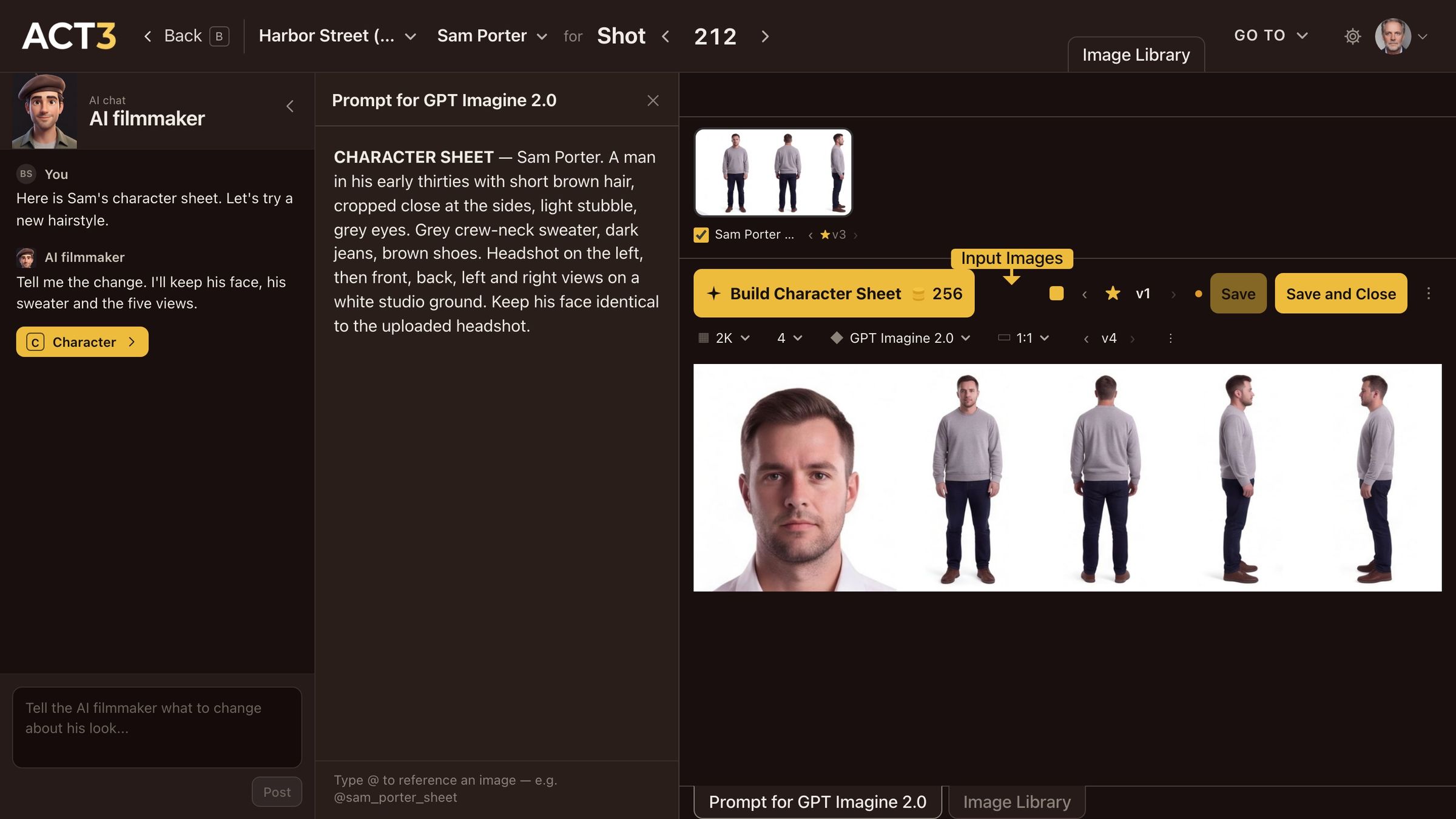The Image Builder for Sam Porter. The filmmaker types Longer hair, swept back. and posts it. The prompt updates with the new hair. The pointer clicks Build Character Sheet, the result builds, and the sheet changes: the same man, now with longer swept-back hair in all five views. The pointer clicks Save and Close.