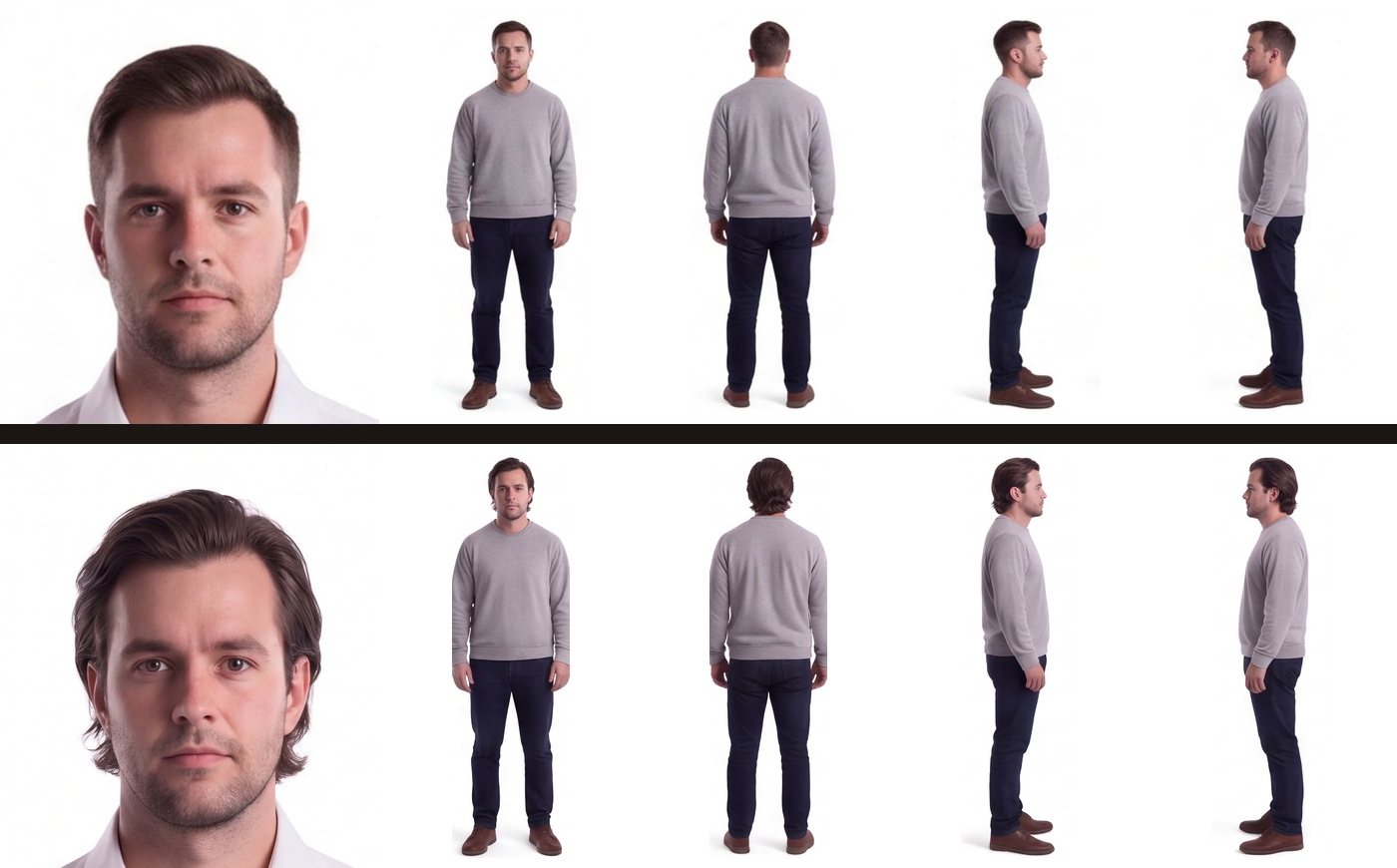Sam Porter's character sheet before and after: on top, short cropped hair; below, the same man with longer hair swept back with a soft wave, in the headshot and in the front, back, left and right views.