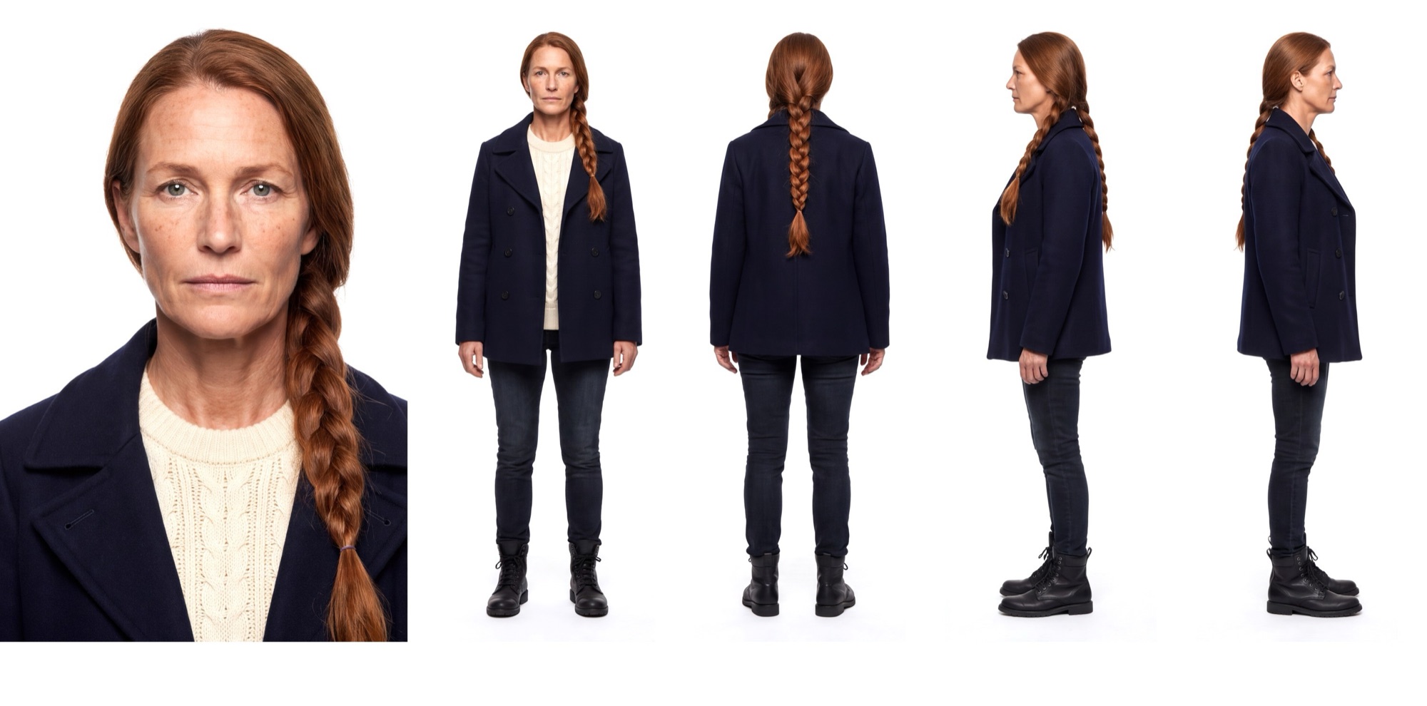 The five-view character sheet on its own: headshot on the left, then front, back, left and right full-body views.