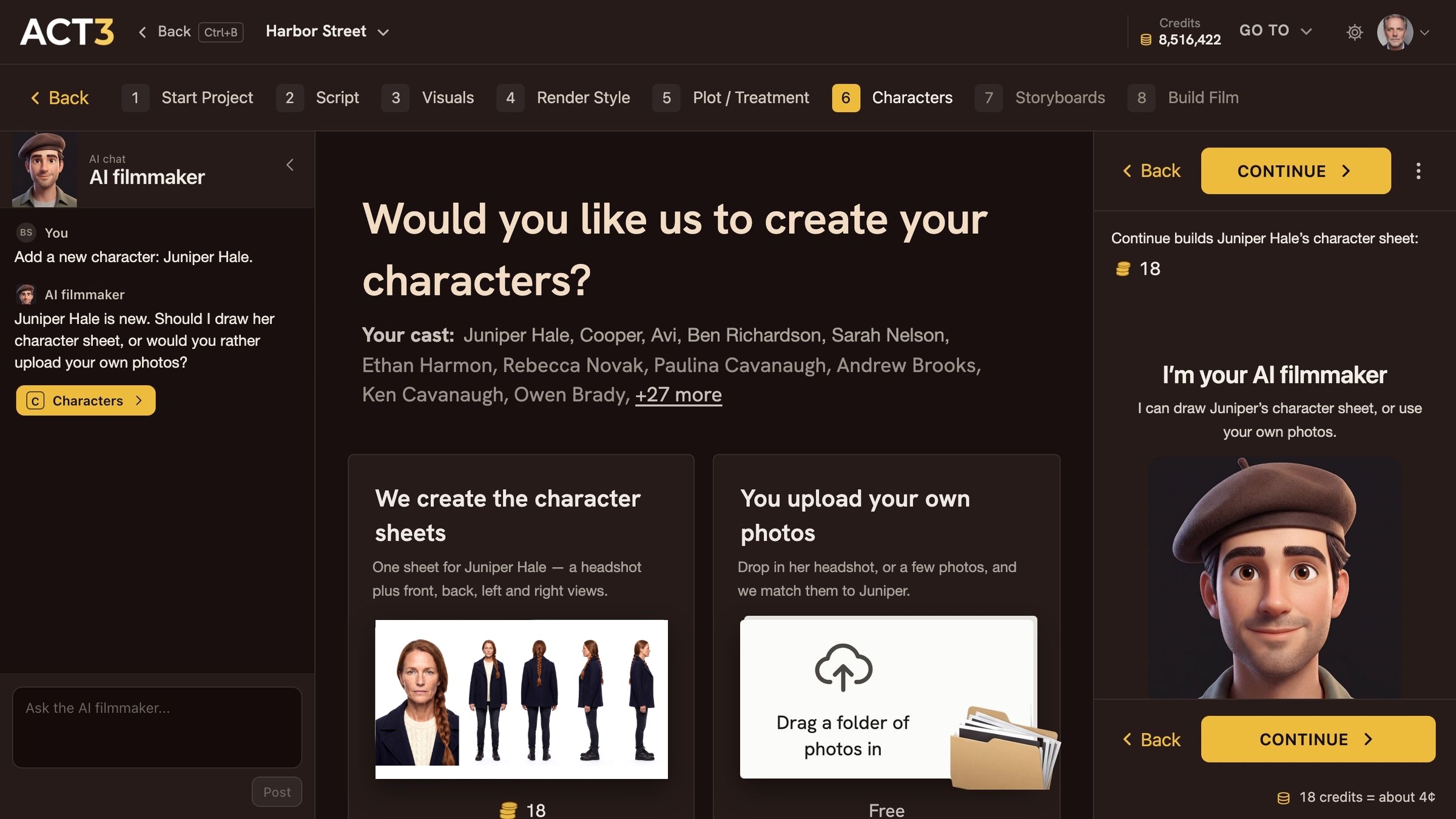 The question Would you like us to create your characters? with two cards: We create the character sheets, showing a five-view sheet of Juniper and a price of 18, and You upload your own photos, free. Continue at the top right builds Juniper Hale's character sheet for 18 credits, about 4 cents.