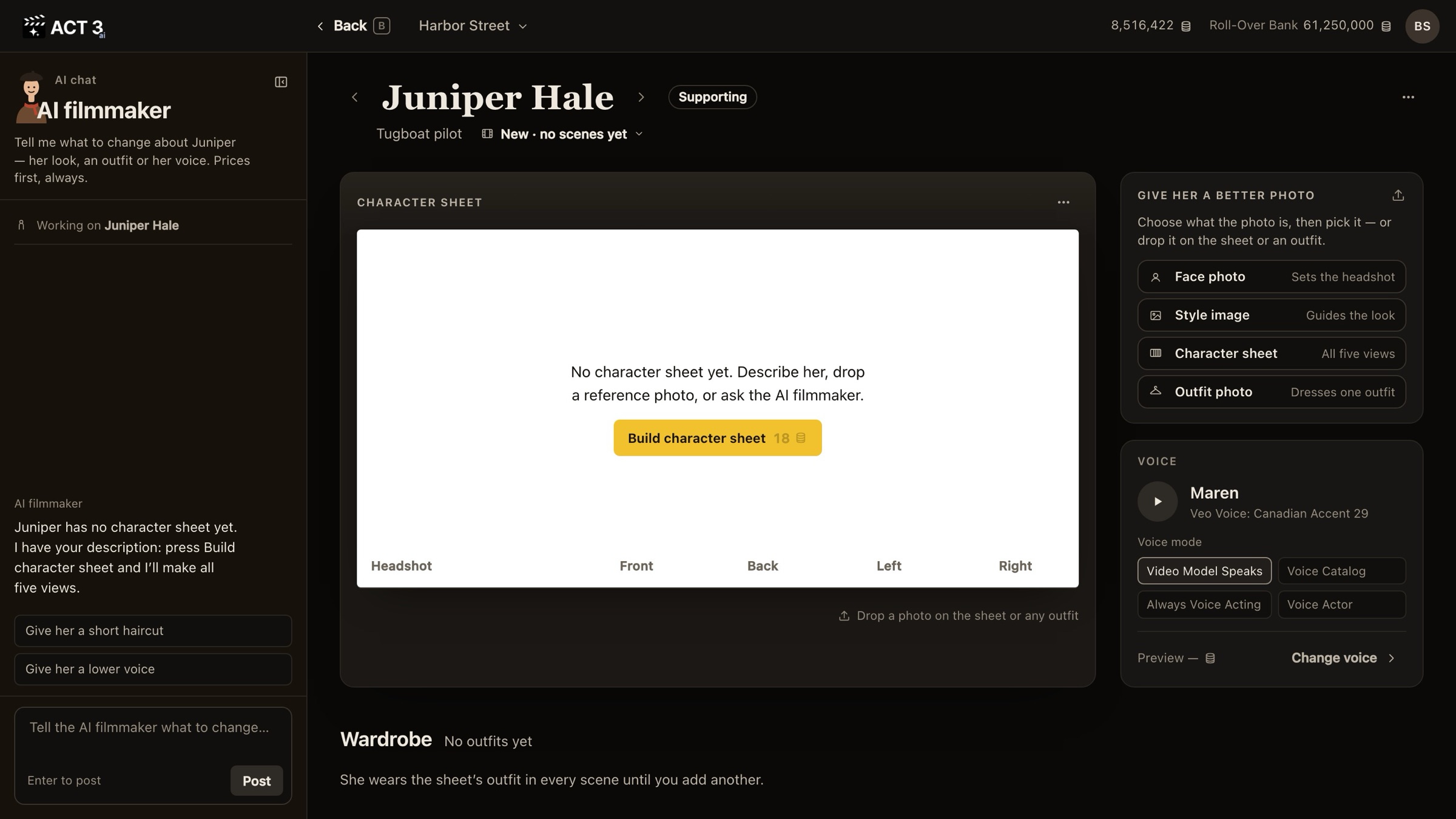 Juniper Hale's page: the empty character sheet fills in with a large headshot of a freckled woman with a long auburn braid, then front, back, left and right full-body views, starred as version 1.