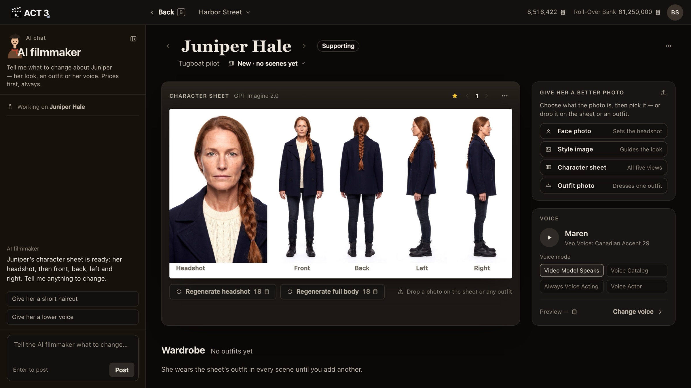 The Image Builder for Juniper Hale: AI chat on the left, the headshot prompt with a Build button priced at 18 credits in the middle, and her current headshot, version 1, on the right with two reference images ticked under Include images.