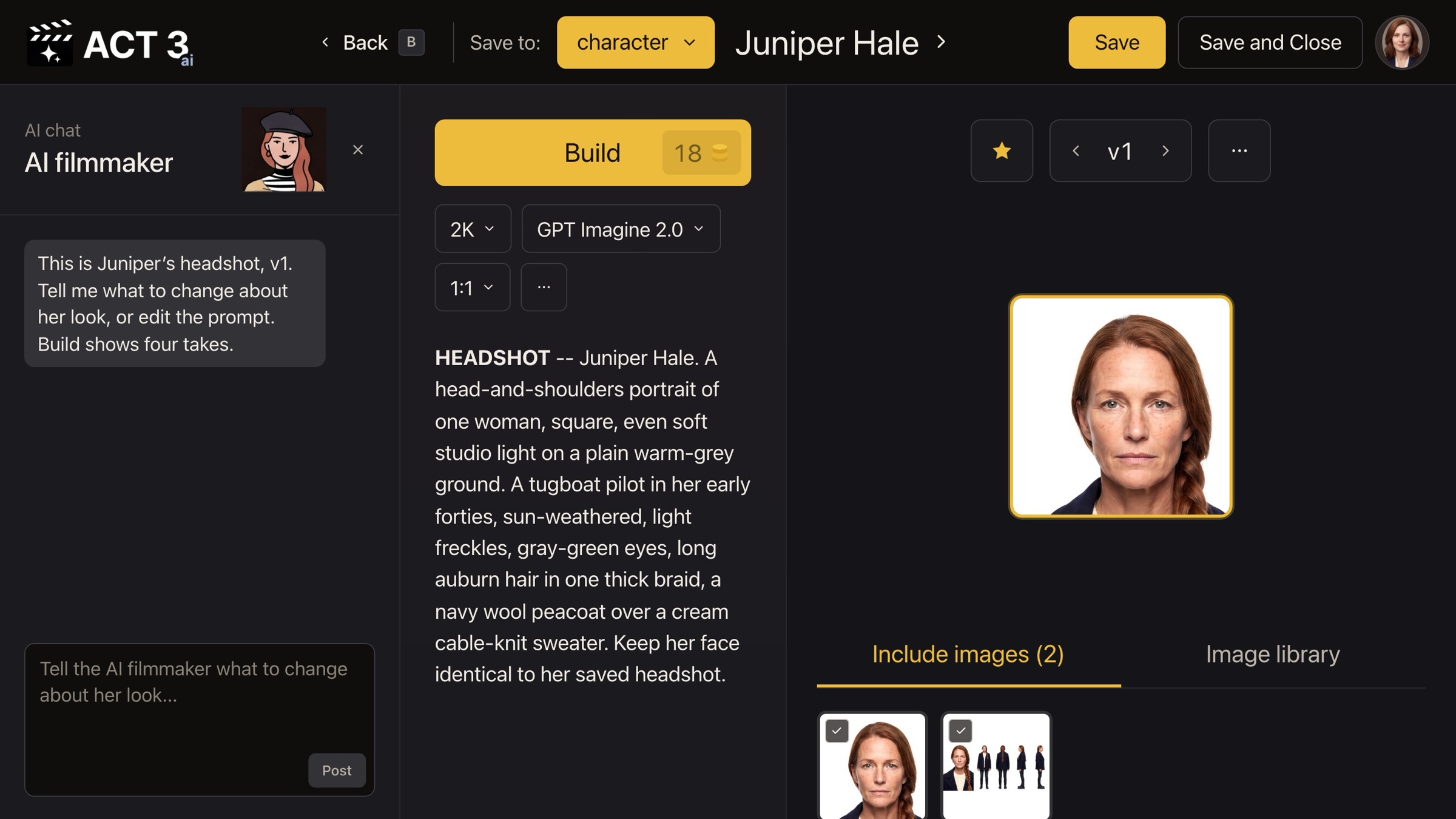 The Image Builder after the change: the chat asked for a short pixie cut, the prompt now describes short auburn hair with gray at the temples, and four new headshots of Juniper with short hair are shown as version 2, the center one selected.