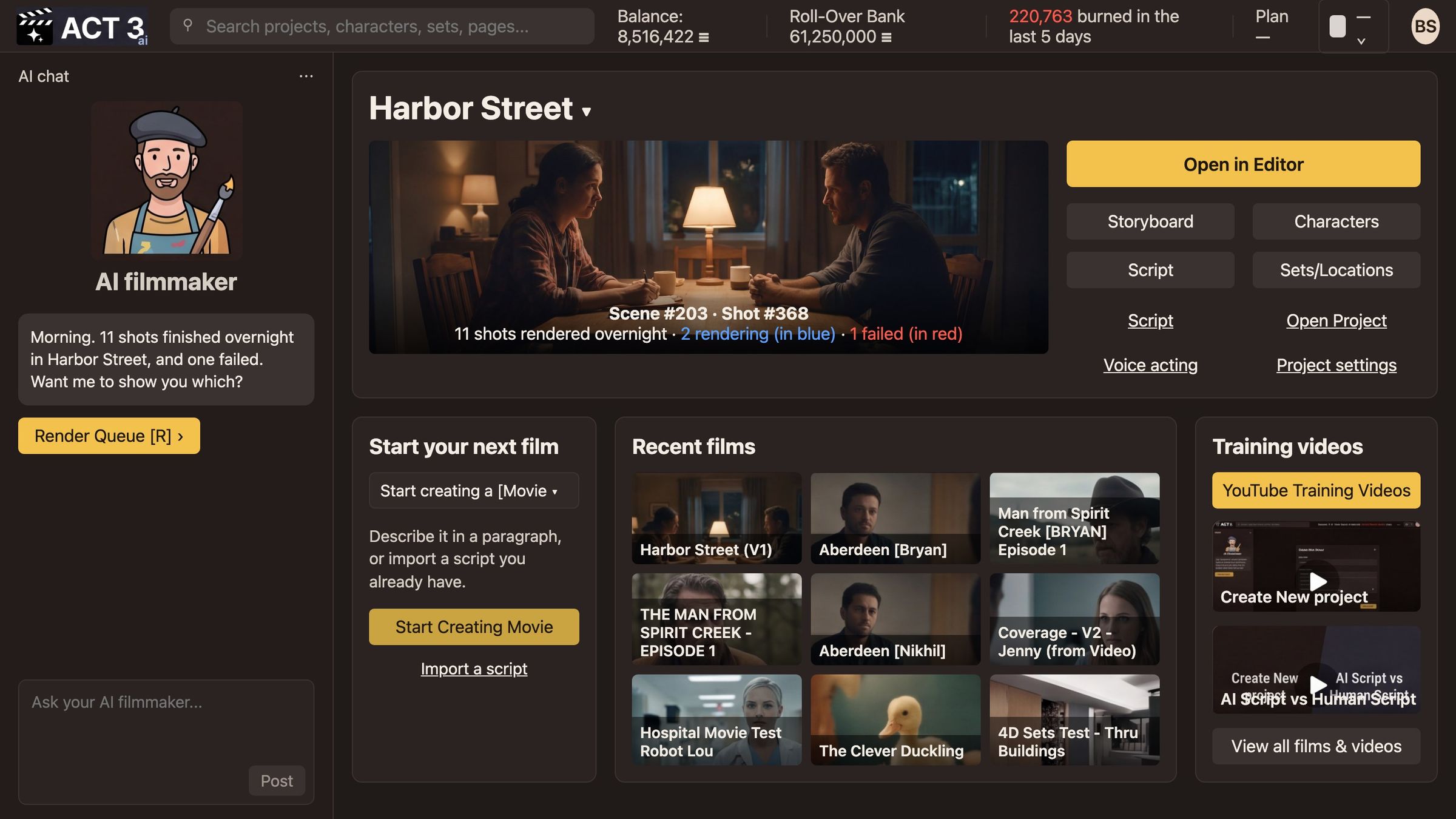 The ACT 3 AI Home page for the film Harbor Street: the AI filmmaker chat on the left, the film's preview frame, the yellow Open in Editor button and, under it, Storyboard, Characters, Script and Sets/Locations. The pointer clicks Characters and the screen changes to the Characters page, a wall of headshots.