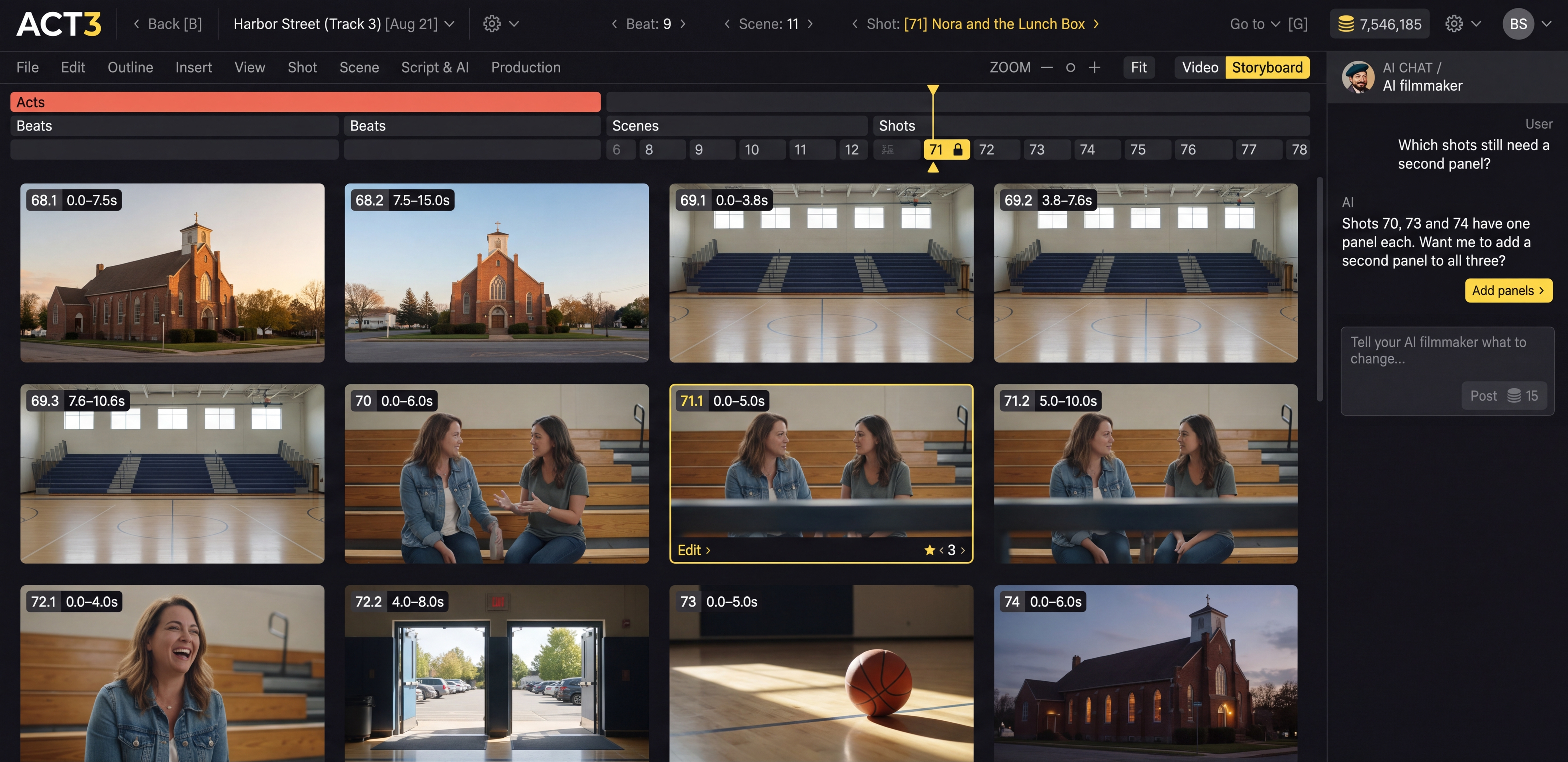 The real ACT 3 storyboard screen: twelve timed storyboard panels for Beat 9, Scene 11 of the project Harbor Street, with the acts, beats, scenes and shots rails above and the AI filmmaker chat on the right