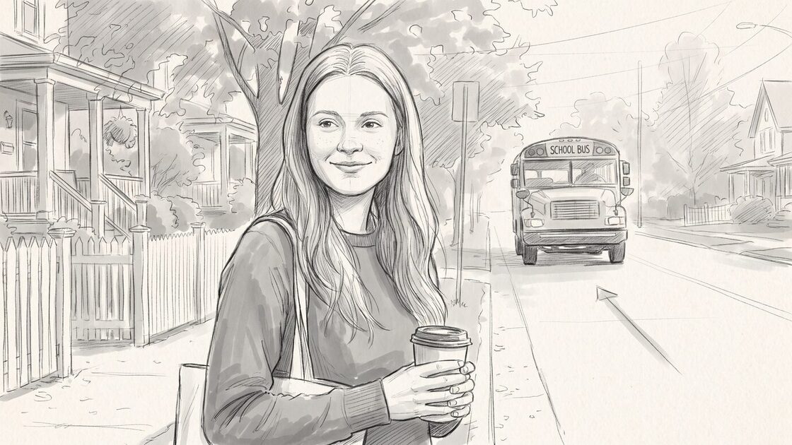 Pencil storyboard panel: a young woman with a coffee at a bus stop, a school bus coming down the street.