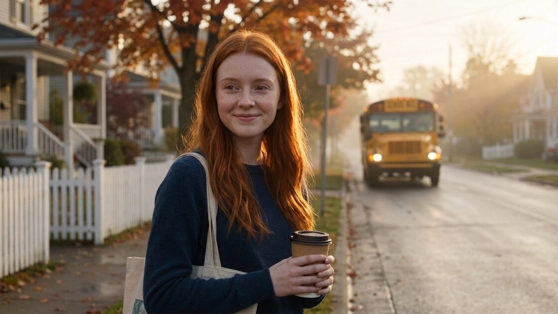 The same shot as a finished first frame: Nora with her coffee at sunrise, the yellow school bus in the mist.