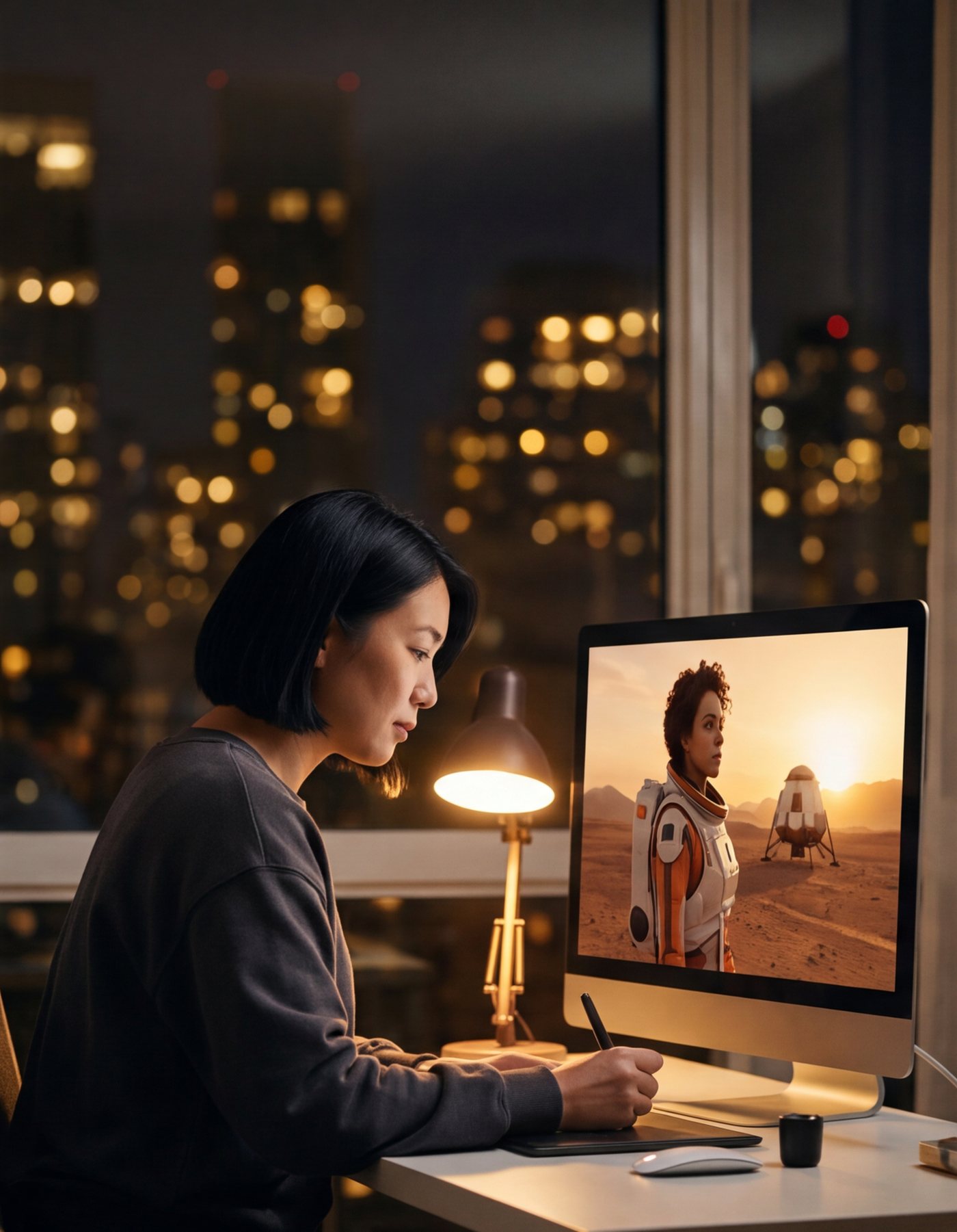A director with a short black bob works at a lamp-lit desk at night, city lights behind her. Her screen shows the film's last scene: an astronaut on a red planet at sunrise.
