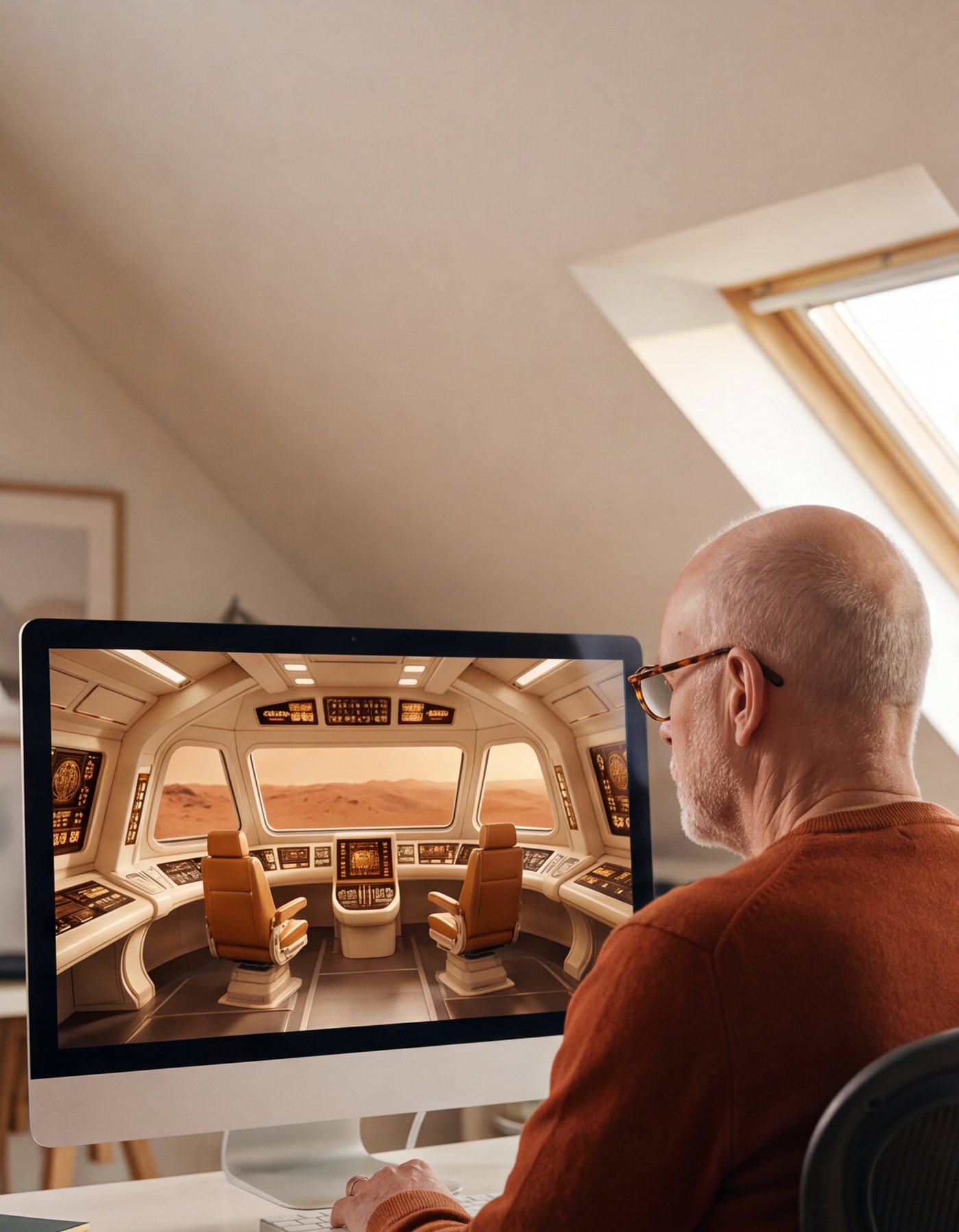 A production designer in tortoise-shell glasses works in his sunlit attic studio in the morning. His screen shows an empty spaceship bridge set: cream consoles, amber lights and two empty seats.