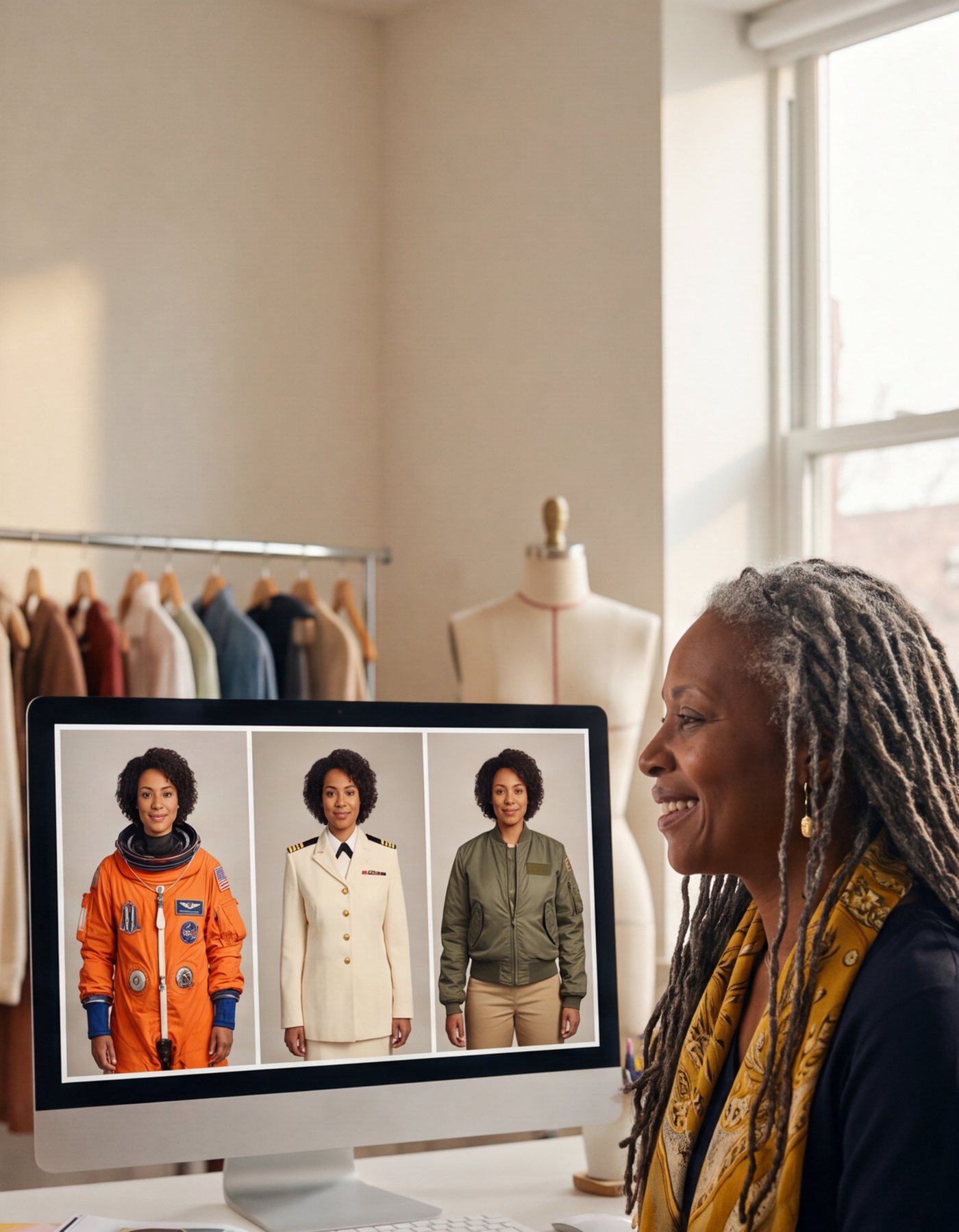 A costume designer with long gray locs and a yellow scarf smiles in her sunny studio. Her screen shows the film's astronaut in three outfits: an orange flight suit, a cream dress uniform and an olive jacket.