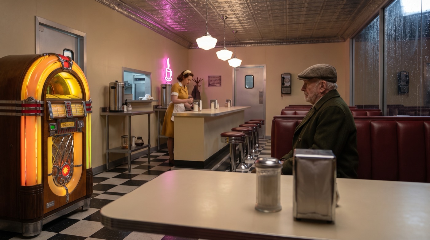 One shot from the diner film: Walt in his booth in the foreground, Margie behind the counter under a pink neon coffee cup.