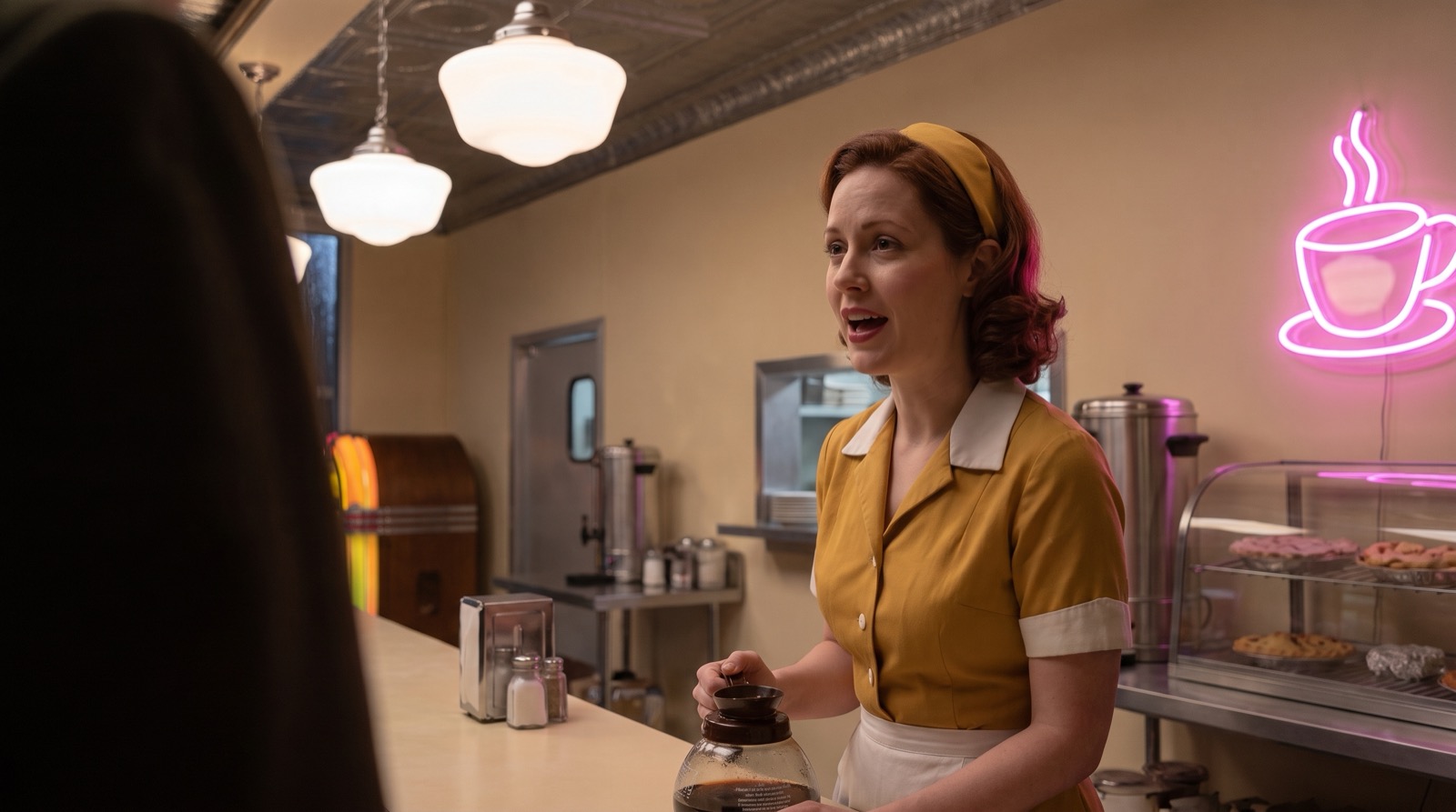 Margie, the waitress in the diner film, in the middle of a line.