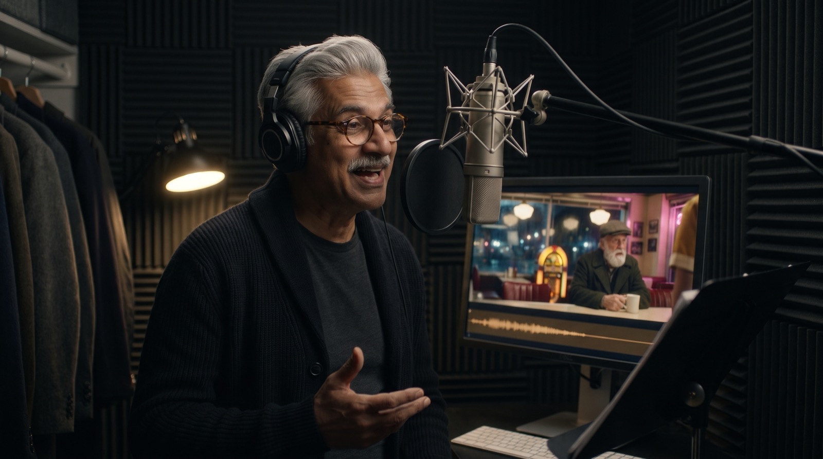 A voice actor in headphones performs Walt's line at a microphone in his home booth, with Walt's shot on the monitor beside him.