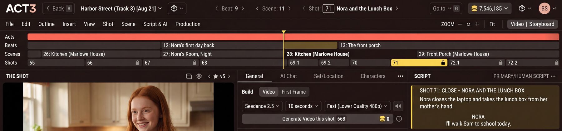 The top of the real ACT 3 editor: project bar, menus and the timeline of acts, beats, scenes and shots