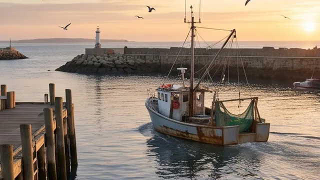 First frame: A fishing boat leaves the harbor